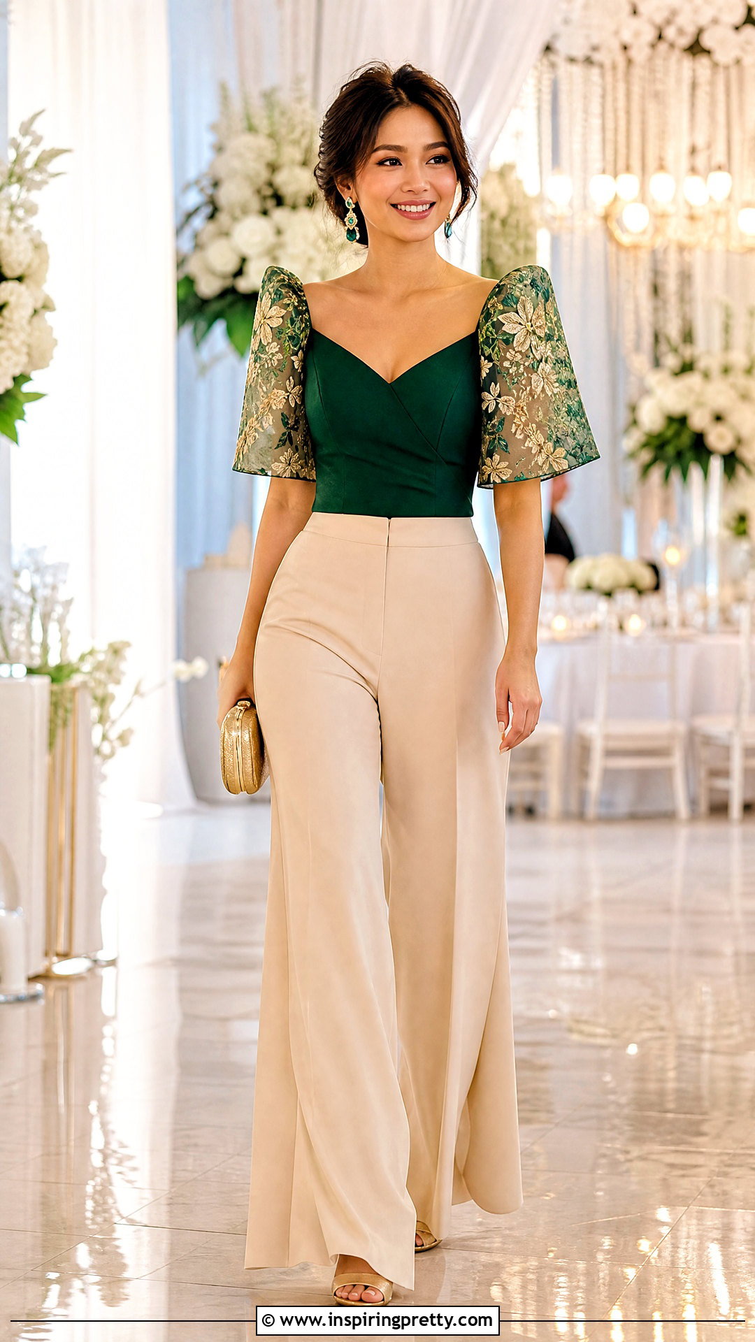 Emerald Filipiniana Top With Beige Wide Leg Pants - 50 modern filipiniana top and pants