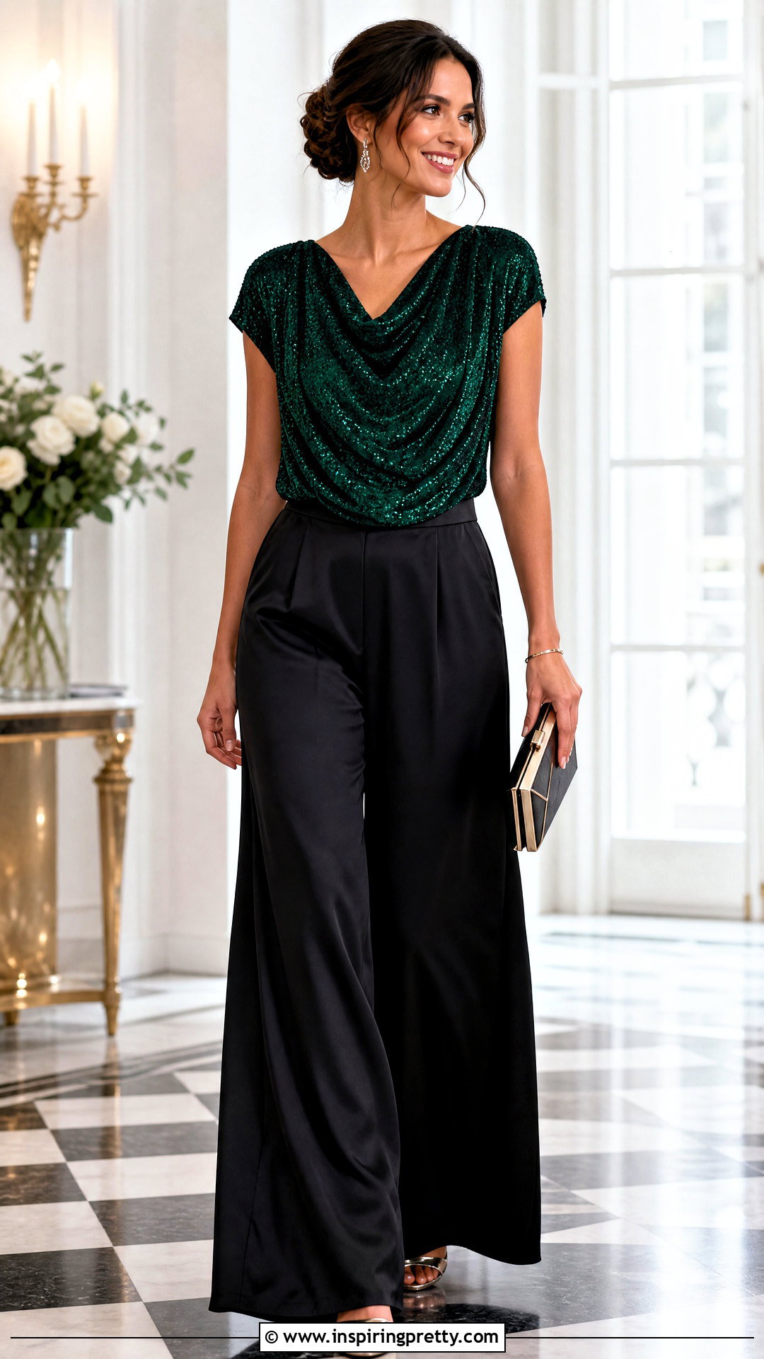 Emerald Glittery Top With Satin Pants - 50 glittery top outfits