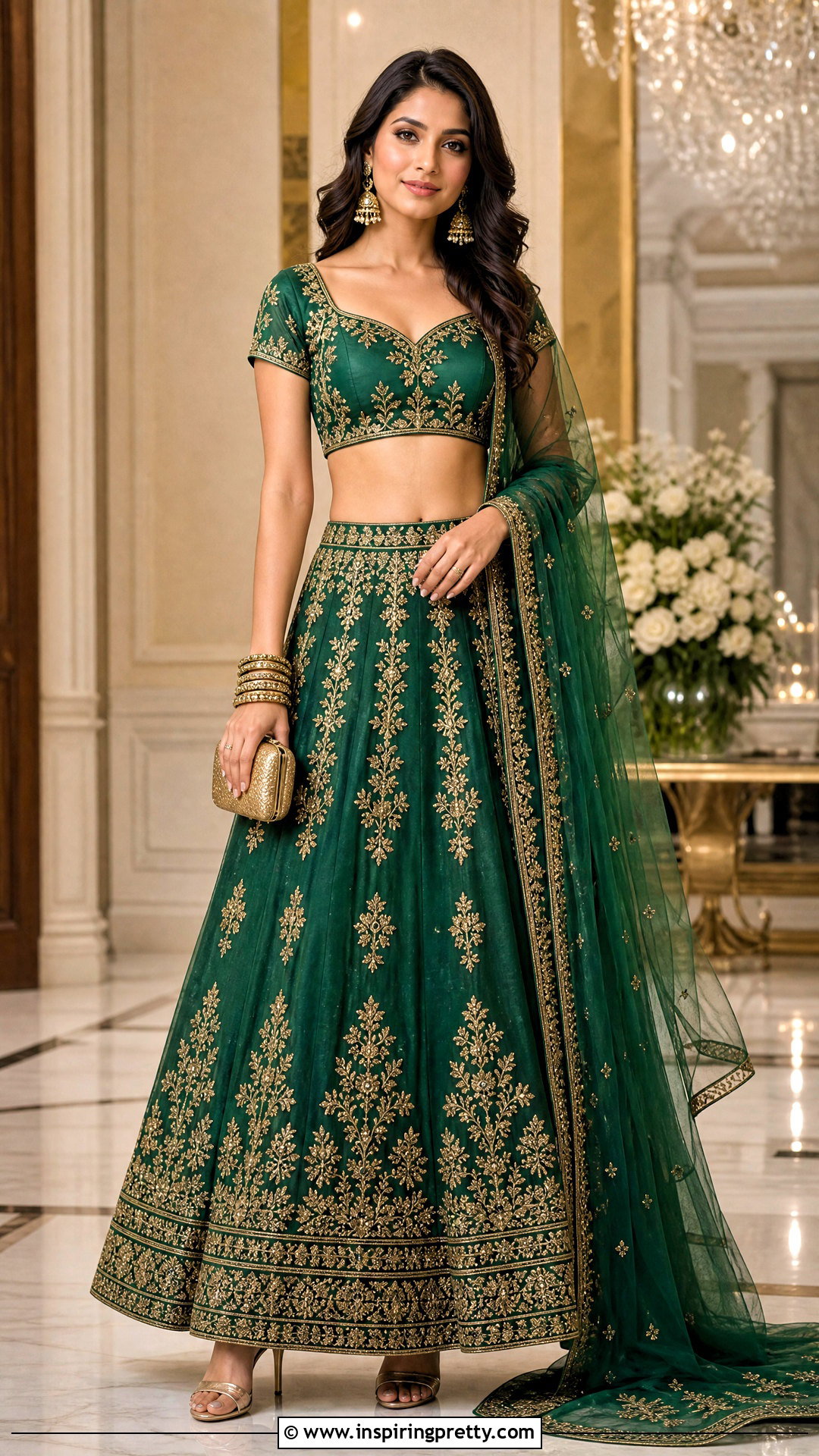 Emerald Green Crop Top Lehenga - 50 crop top lehenga outfit ideas