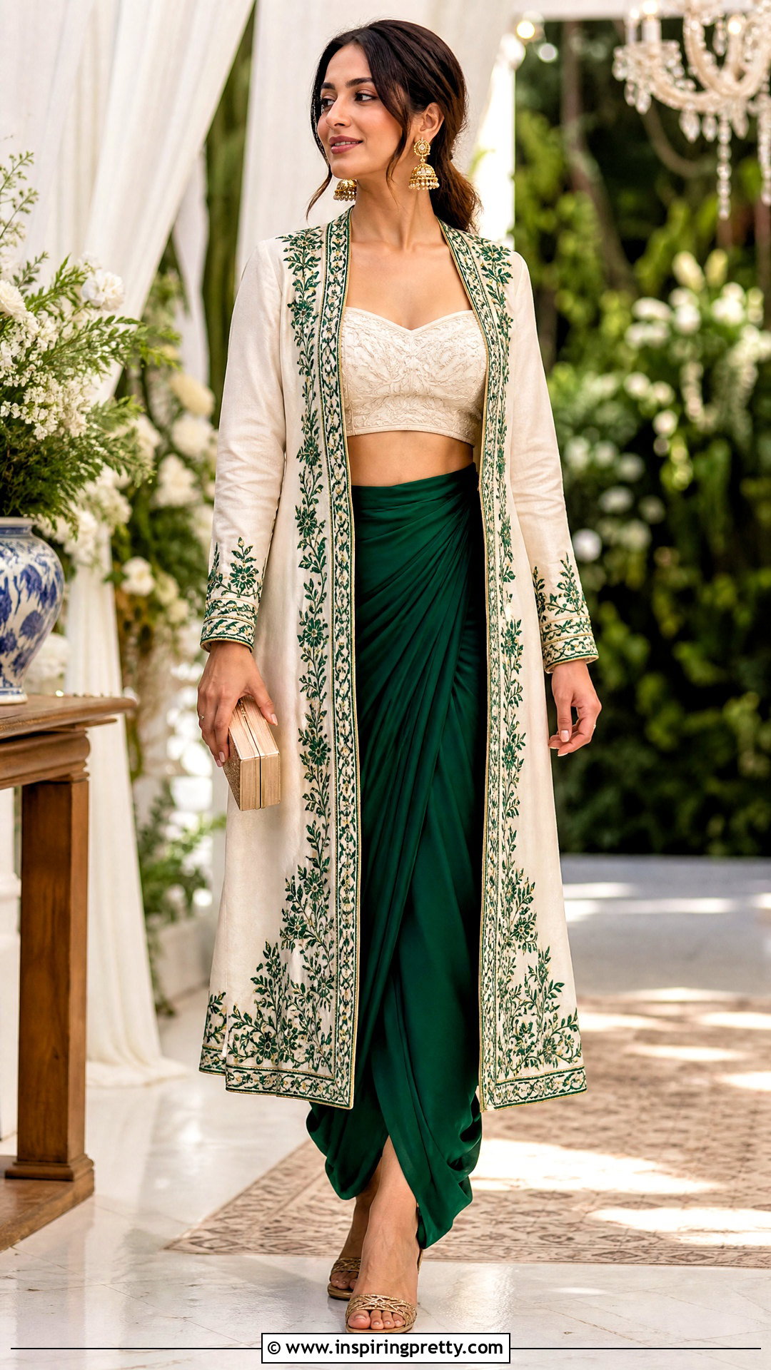 Emerald Green Dhoti Skirt With Ivory Crop Top And Jacket - 25 dhoti skirt with crop top and jacket outfit ideas