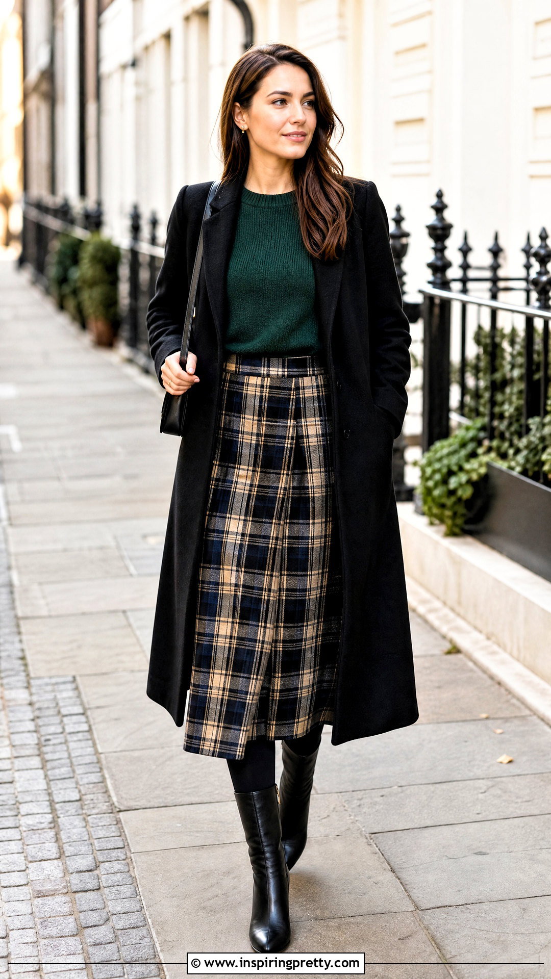 Emerald Green Knit Top With Plaid Midi Skirt - 20 emerald green fashion top outfit ideas