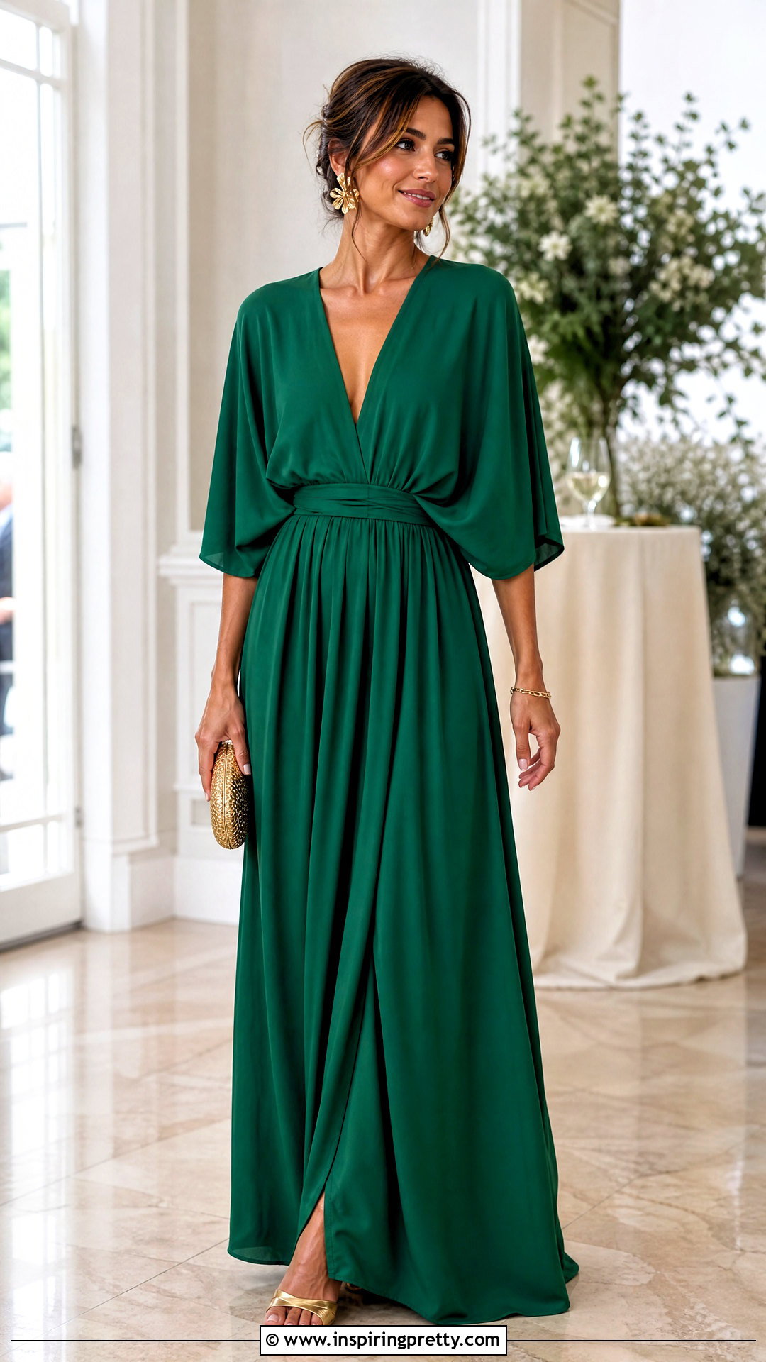 Emerald Green Maxi Dress With Gold Accessories Outfit - 50 top verde outfit ideas