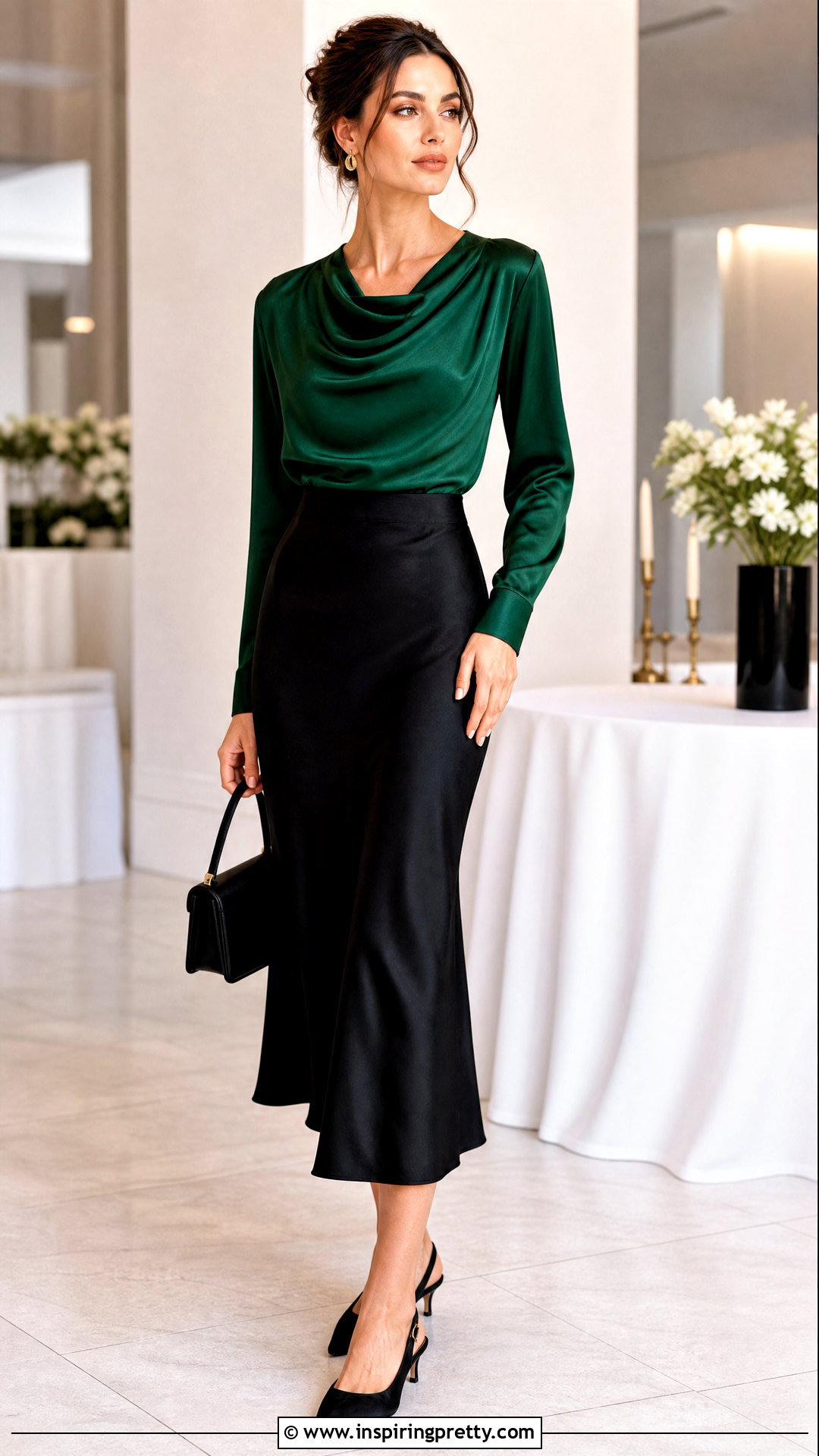 Emerald Green Satin Top With Black Midi Skirt - 20 Green Top Fashion Trend outfit ideas