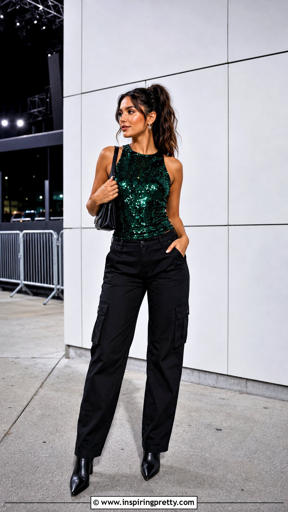 Emerald Green Sequin Top With Black Cargo Pants - 25 Emerald Green Sequin Top outfit ideas