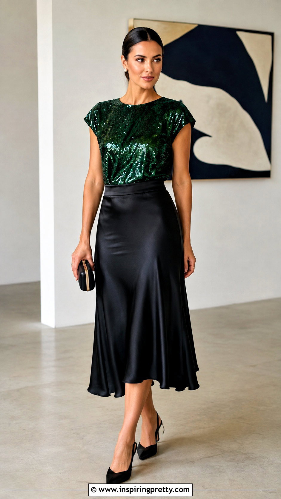 Emerald Green Sequin Top With Black Satin Midi Skirt - 25 Emerald Green Sequin Top outfit ideas