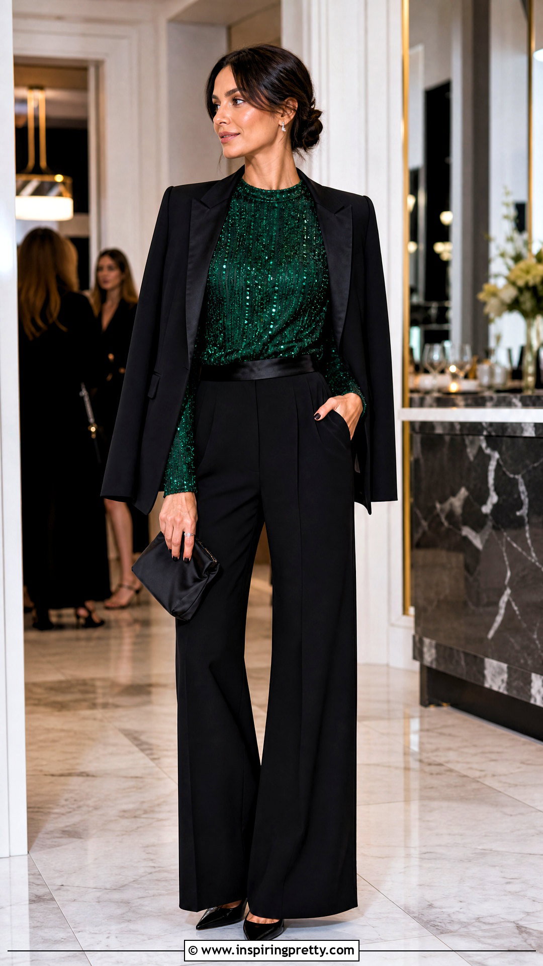 Emerald Green Sequin Top With Black Trousers - 20 emerald green fashion top outfit ideas