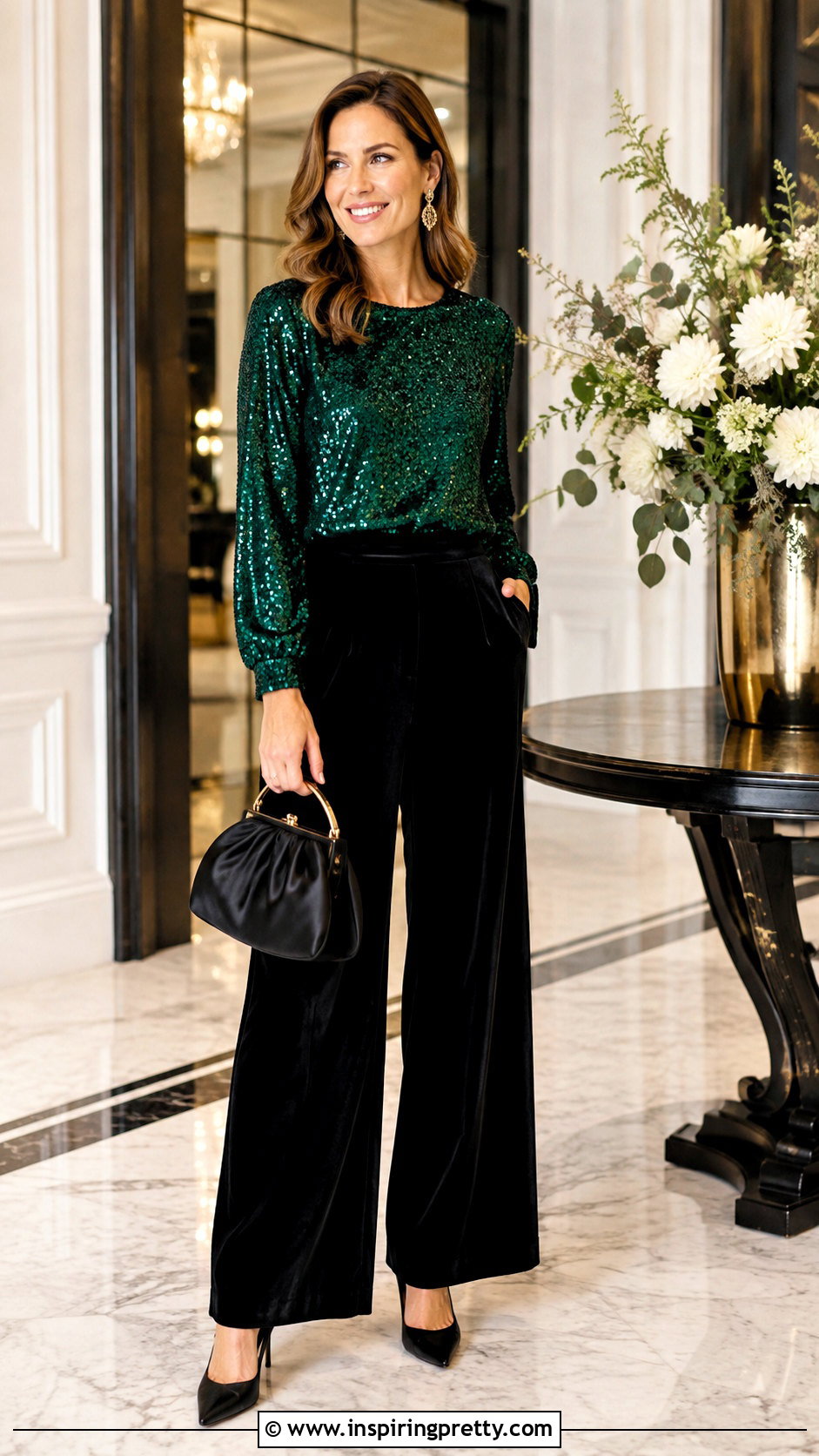 Emerald Green Sequin Top With Black Velvet Pants - 25 Emerald Green Sequin Top outfit ideas