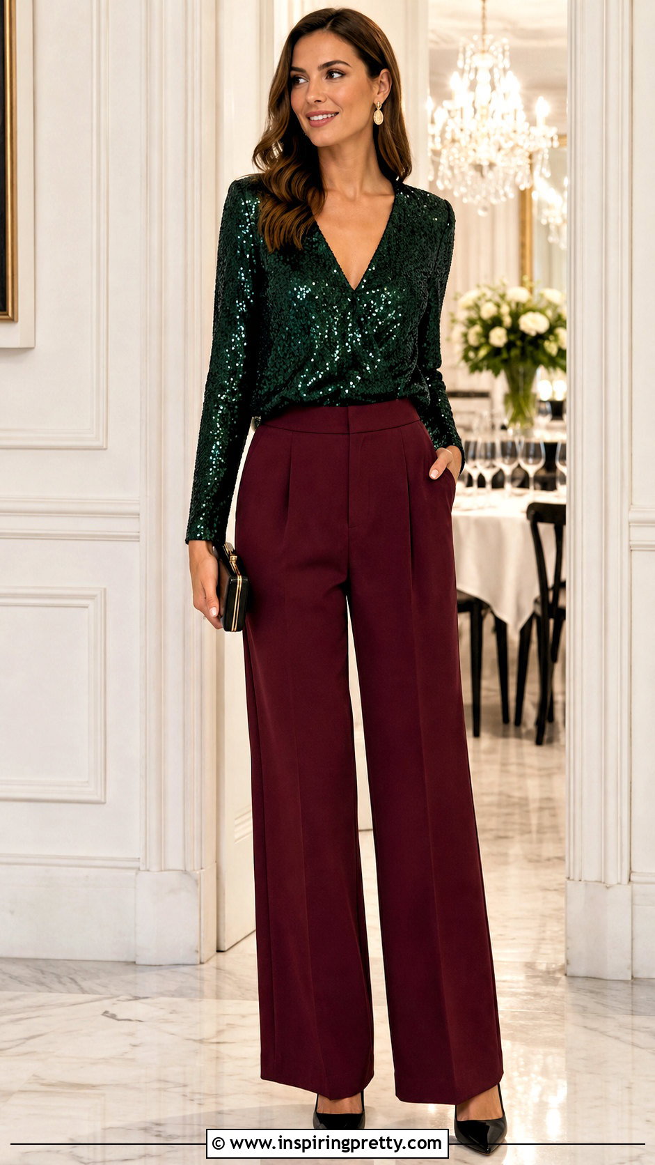 Emerald Green Sequin Top With Burgundy Trousers - 25 Emerald Green Sequin Top outfit ideas