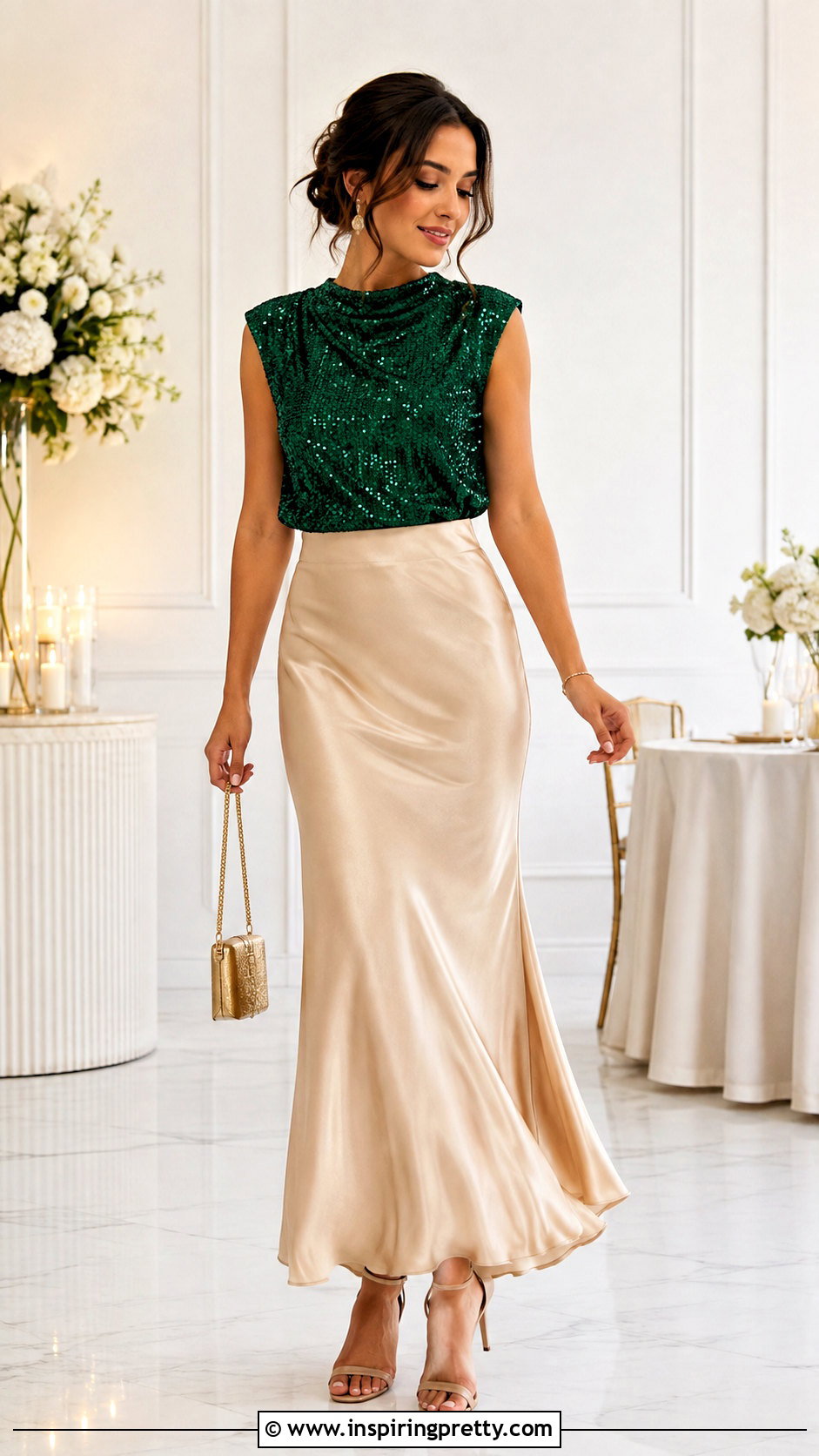 Emerald Green Sequin Top With Champagne Slip Skirt - 25 Emerald Green Sequin Top outfit ideas