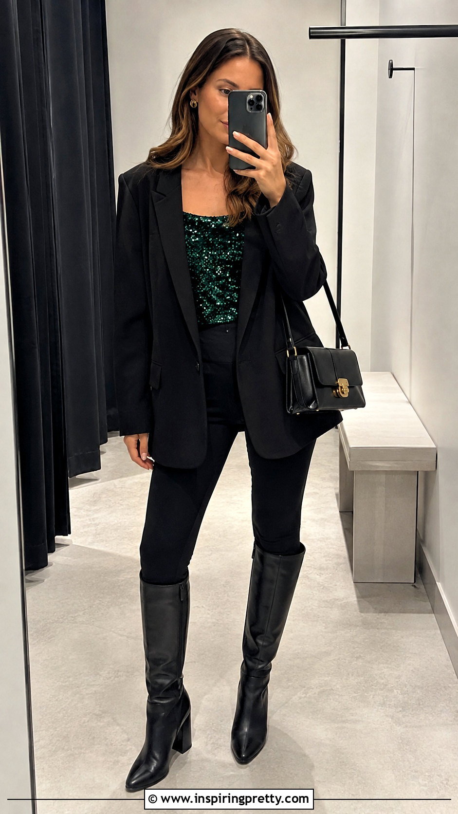 Emerald Green Sequin Top With Leggings And Oversized Blazer - 25 Emerald Green Sequin Top outfit ideas