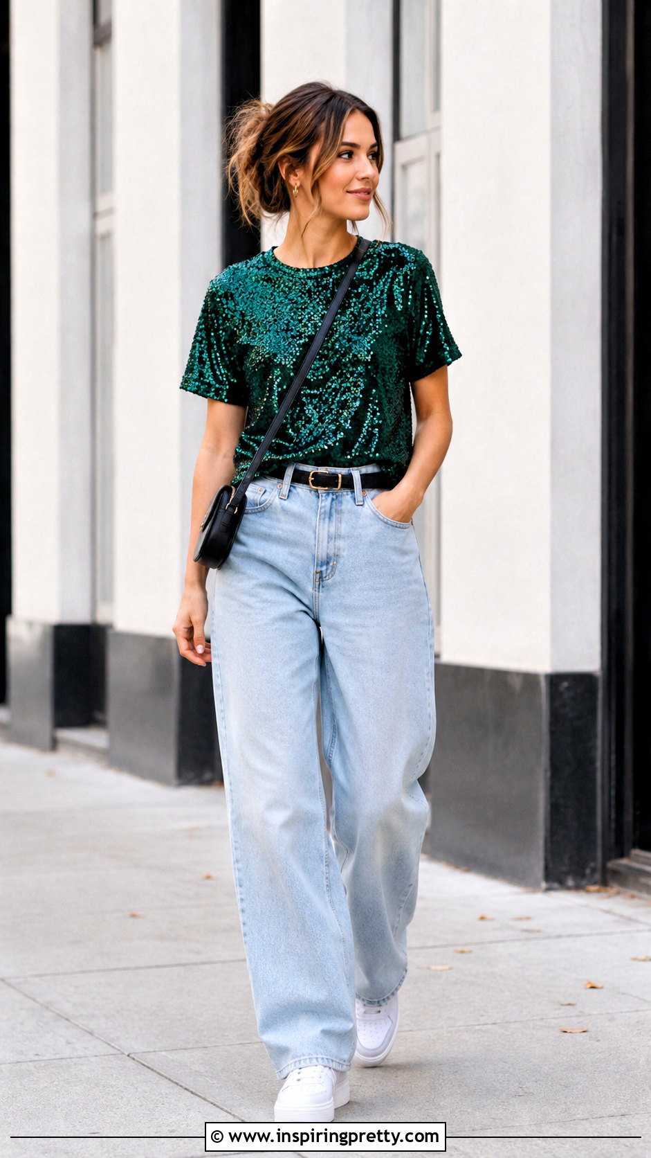 Emerald Green Sequin Top With Light Wash Baggy Jeans - 25 Emerald Green Sequin Top outfit ideas