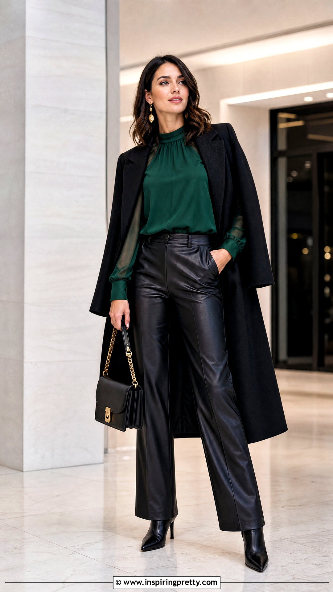Emerald Green Sheer Sleeve Top With Faux Leather Pants - 20 emerald green fashion top outfit ideas
