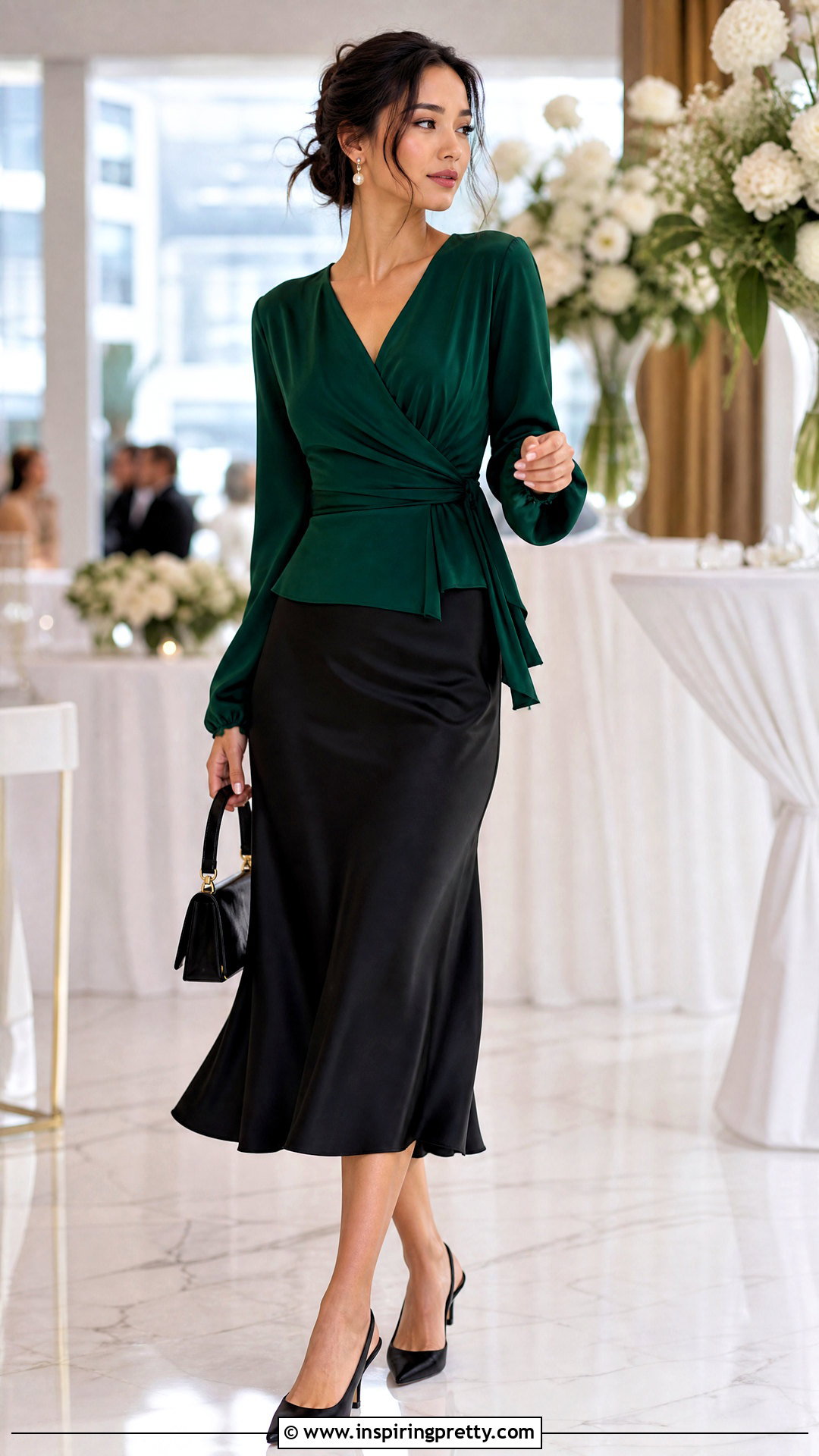 Emerald Green Top With Black Satin Midi Skirt - 50 emerald green top outfit ideas