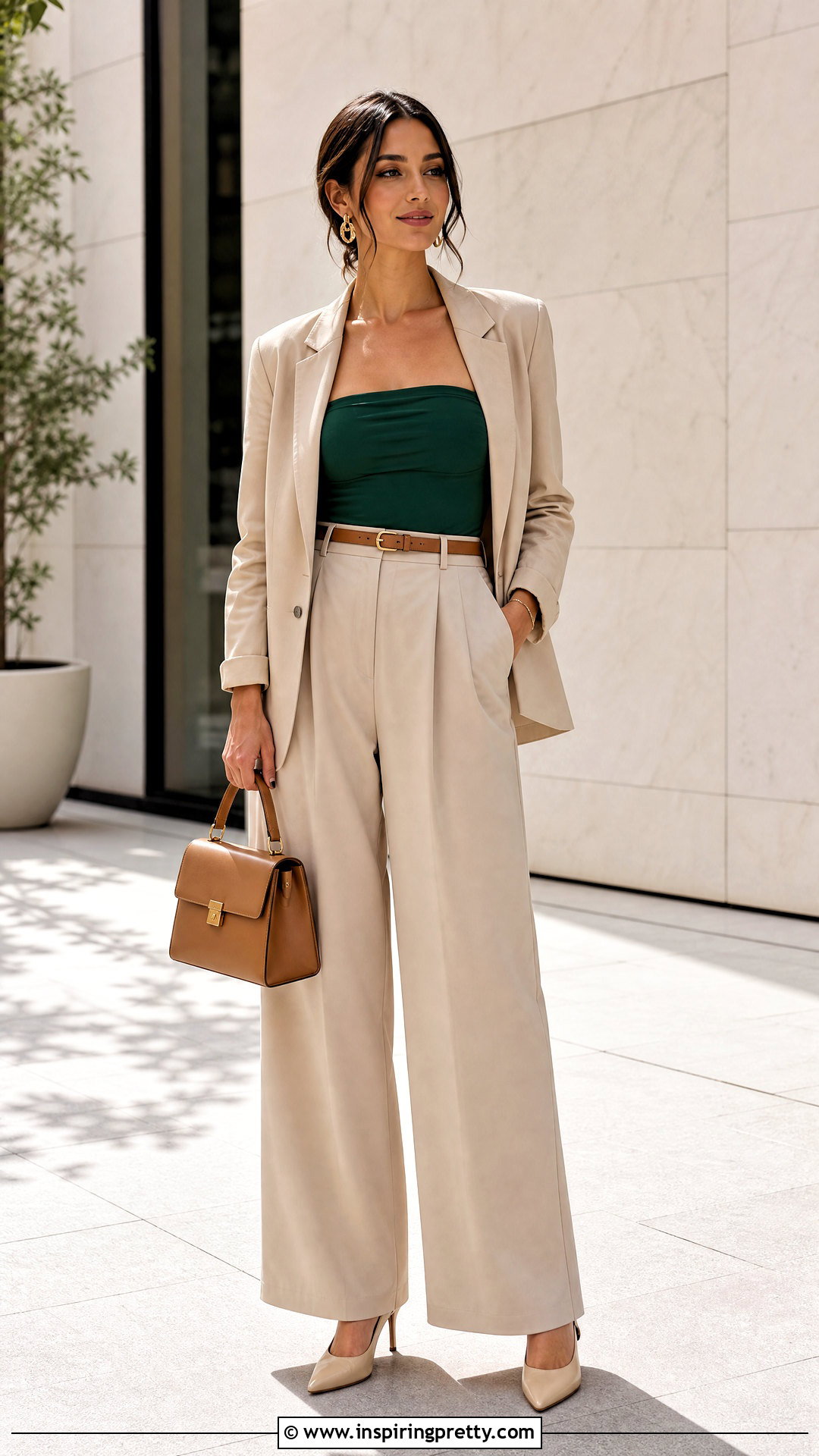 Emerald Green Tube Top With Beige Trousers - 25 Emerald Green Tube Top outfit ideas