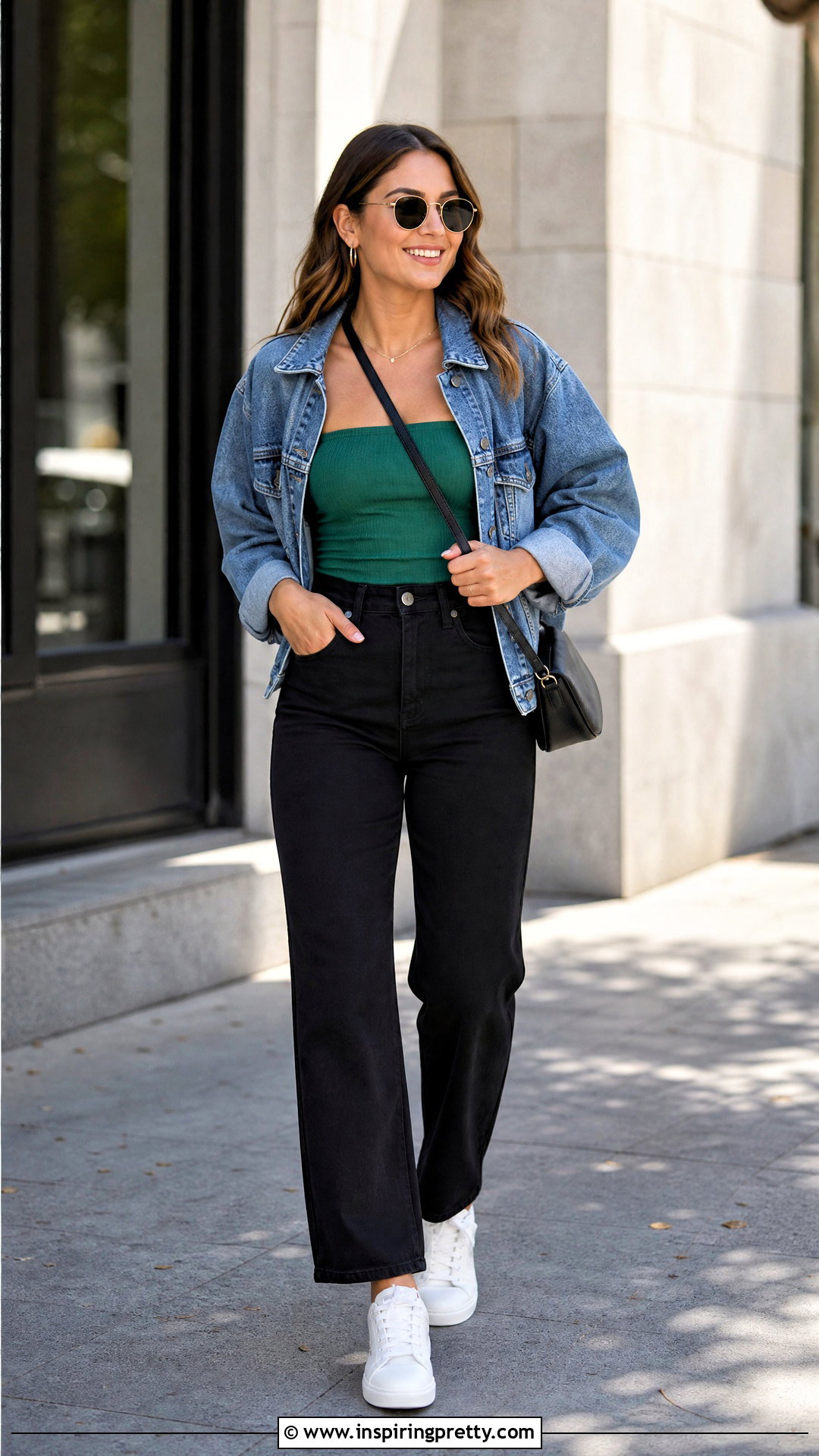 Emerald Green Tube Top With Black Pants And Denim Jacket - 25 Emerald Green Tube Top outfit ideas