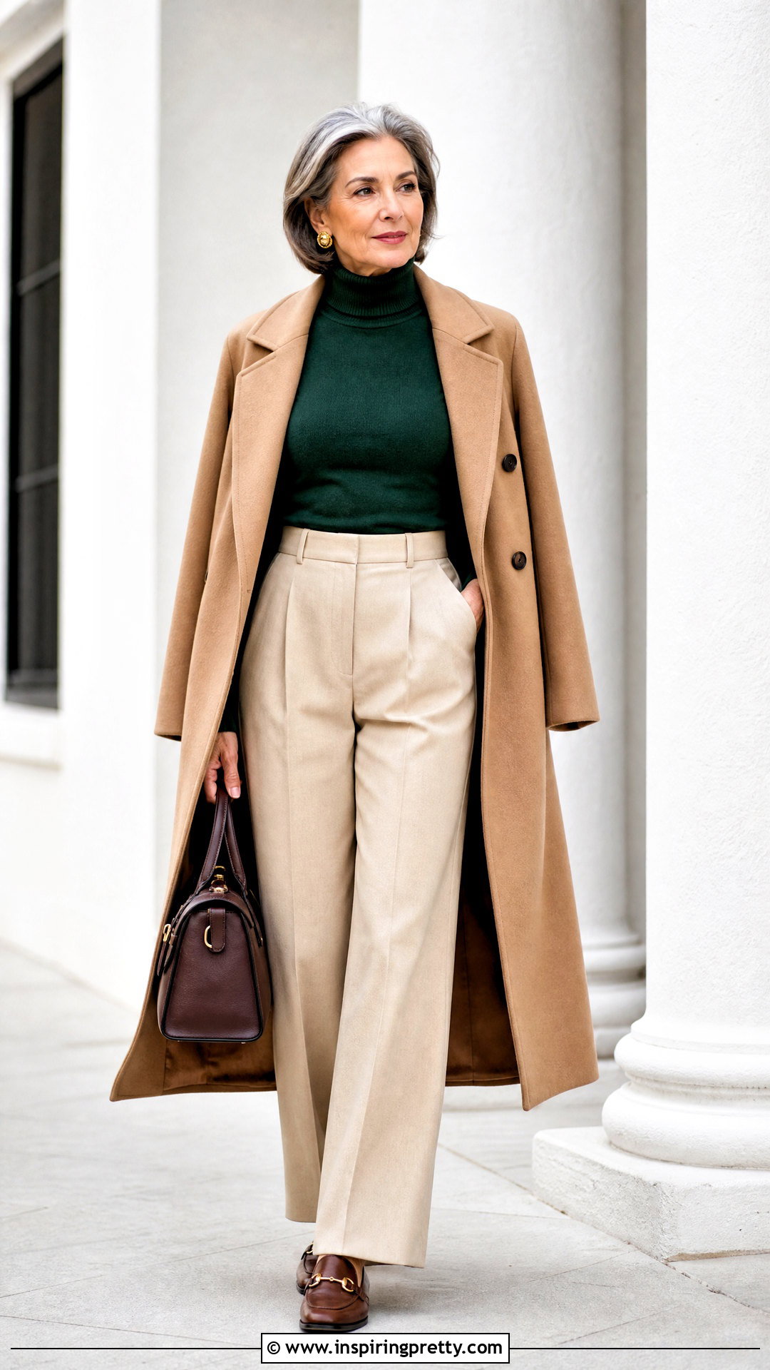 Emerald Green Turtleneck Top With Beige Trousers - 20 emerald green fashion top outfit ideas