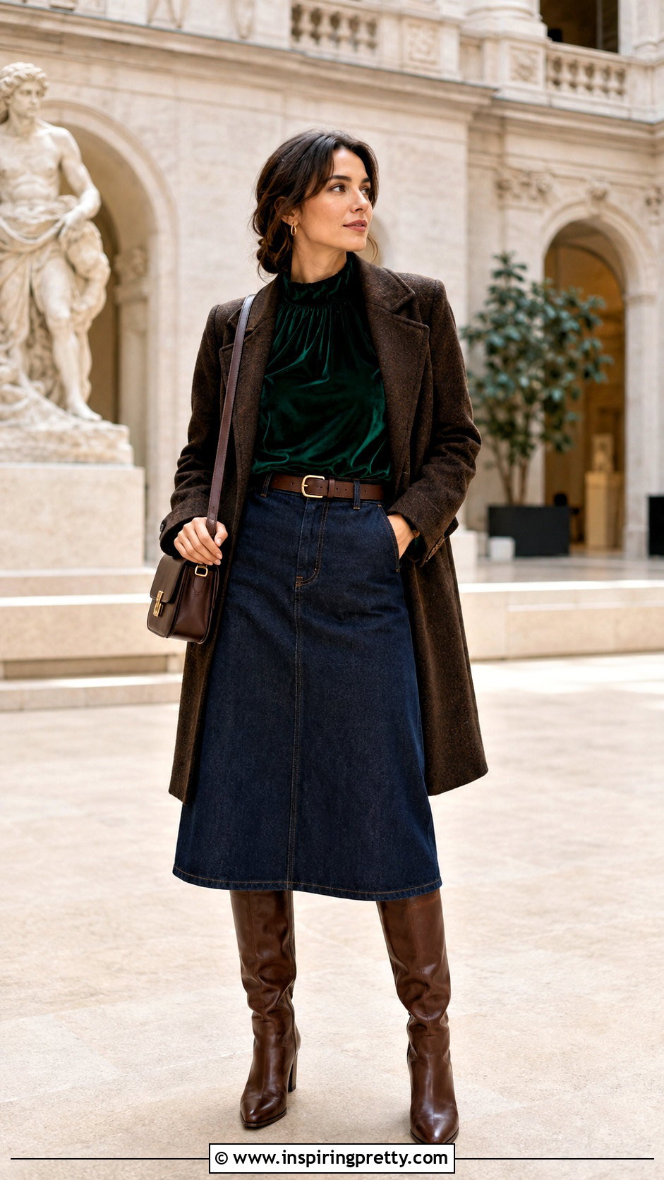 Emerald Green Velvet Top With Dark Denim Skirt - 25 emerald green velvet top outfit ideas