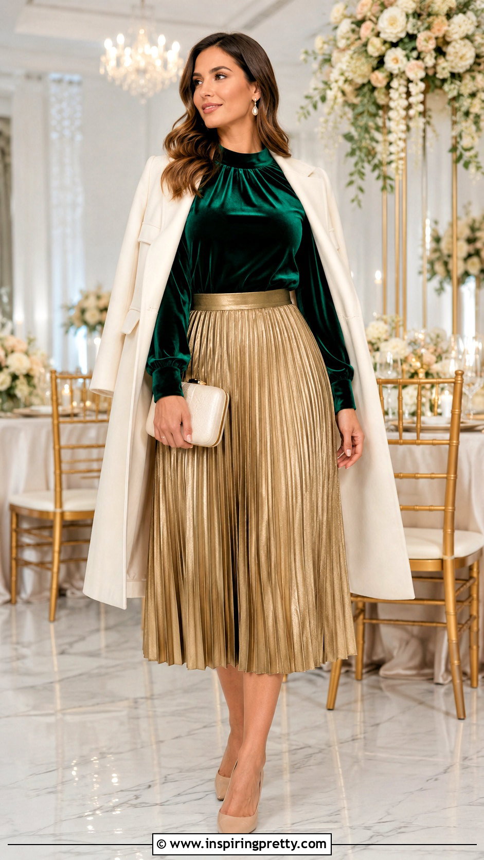 Emerald Green Velvet Top With Gold Pleated Skirt - 25 emerald green velvet top outfit ideas