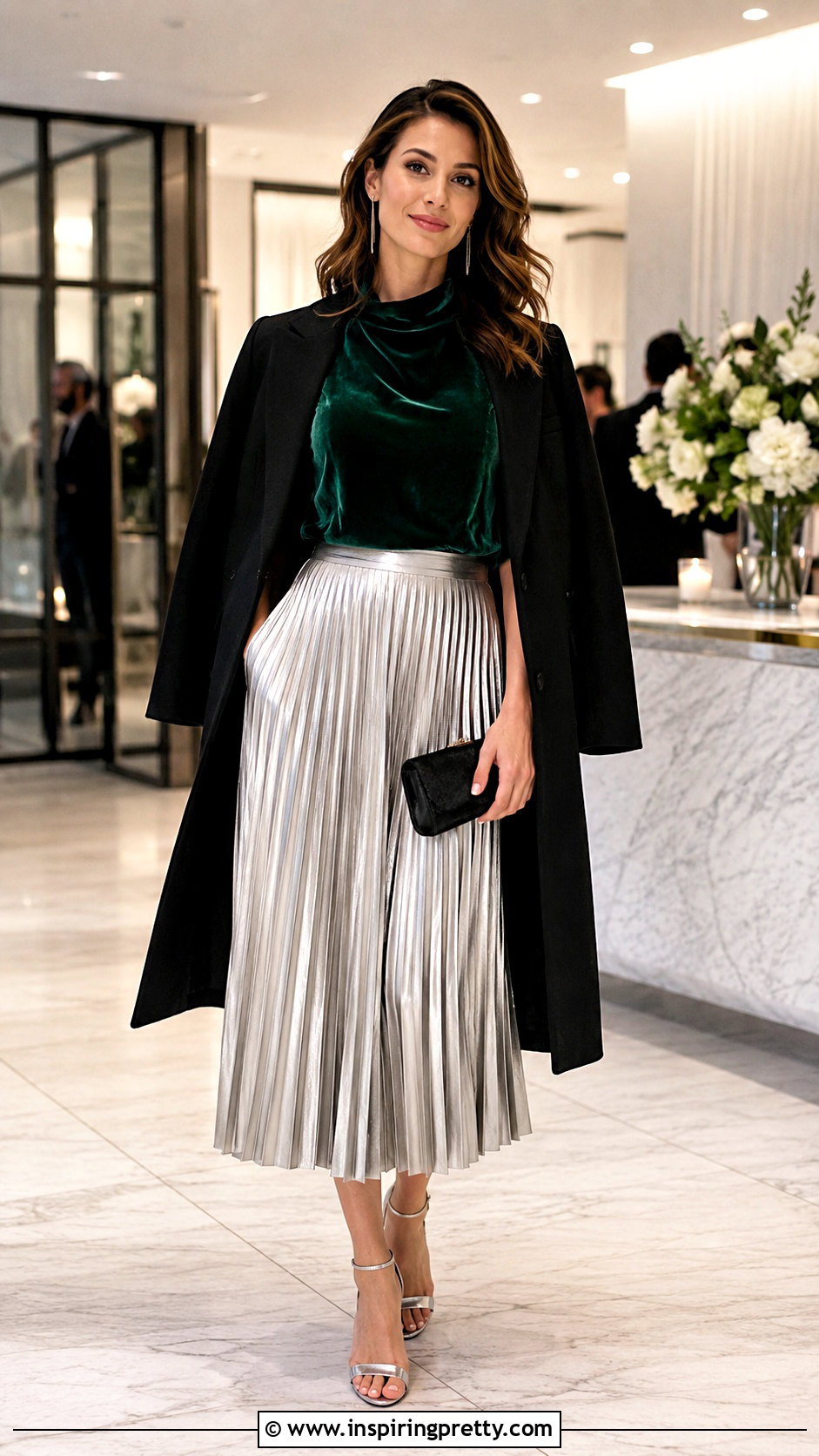 Emerald Green Velvet Top With Silver Midi Skirt - 25 emerald green velvet top outfit ideas