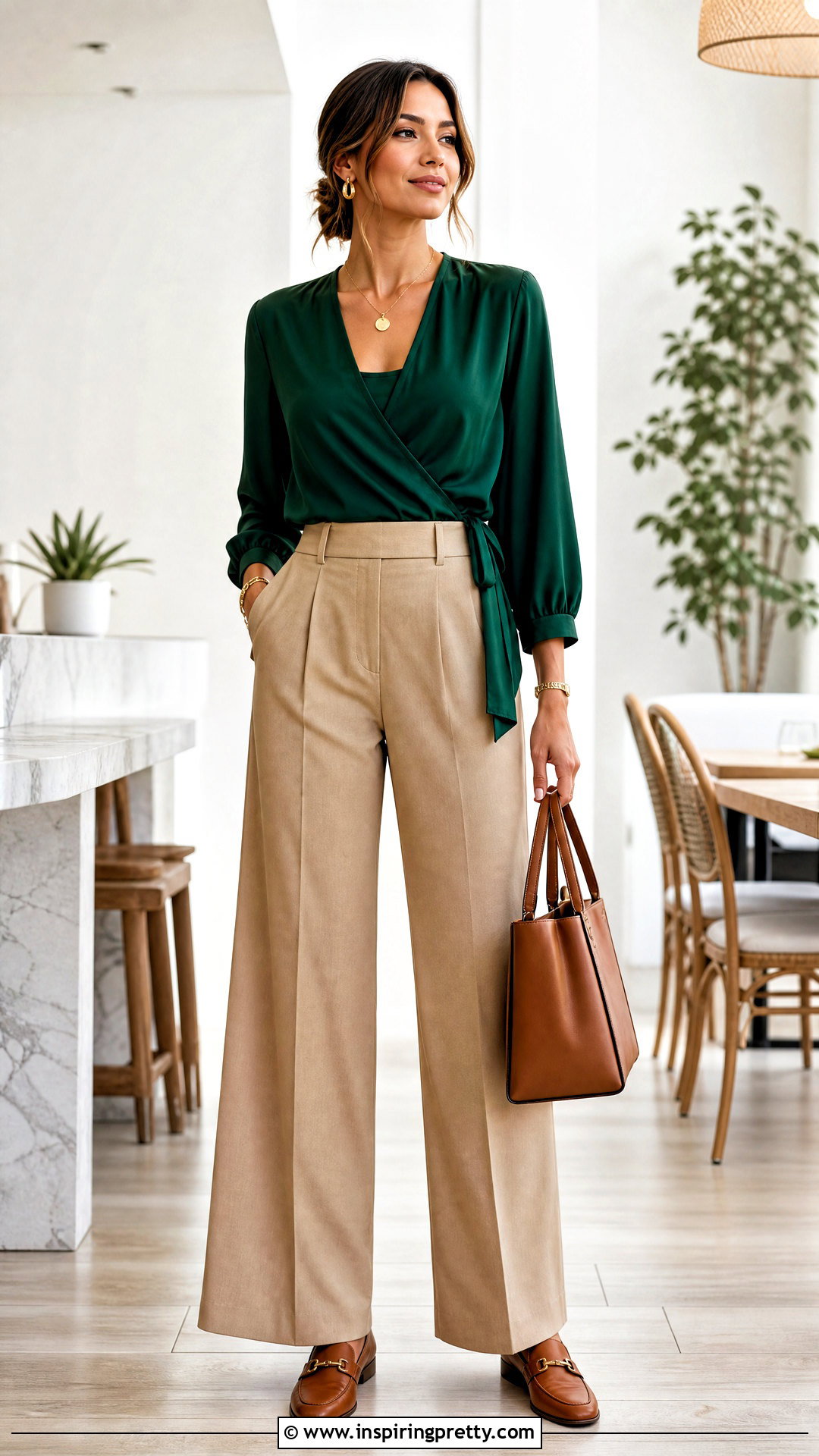 Emerald Green Wrap Top With Tan Trousers - 50 emerald green top outfit ideas