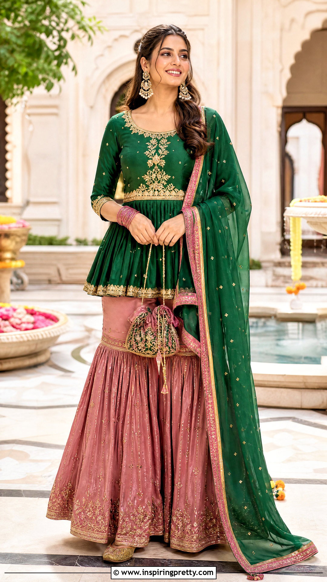 Emerald Indian Peplum Top With Pink Gharara - 50 indian peplum top outfits