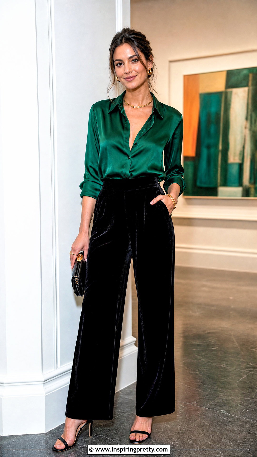 Emerald Satin Blouse With Black Velvet Pants - 20 Tops For Black Velvet Pants