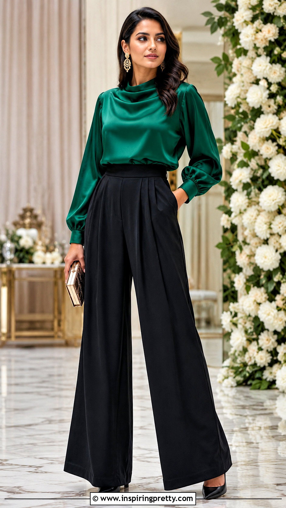 Emerald Satin Top With Black Palazzo Pants - 50 formal tops outfit ideas