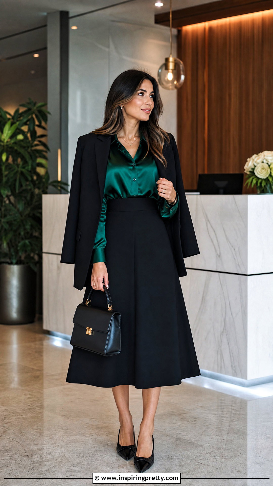 Emerald Satin Work Top With Black Midi Skirt - 25 satin work top outfit ideas