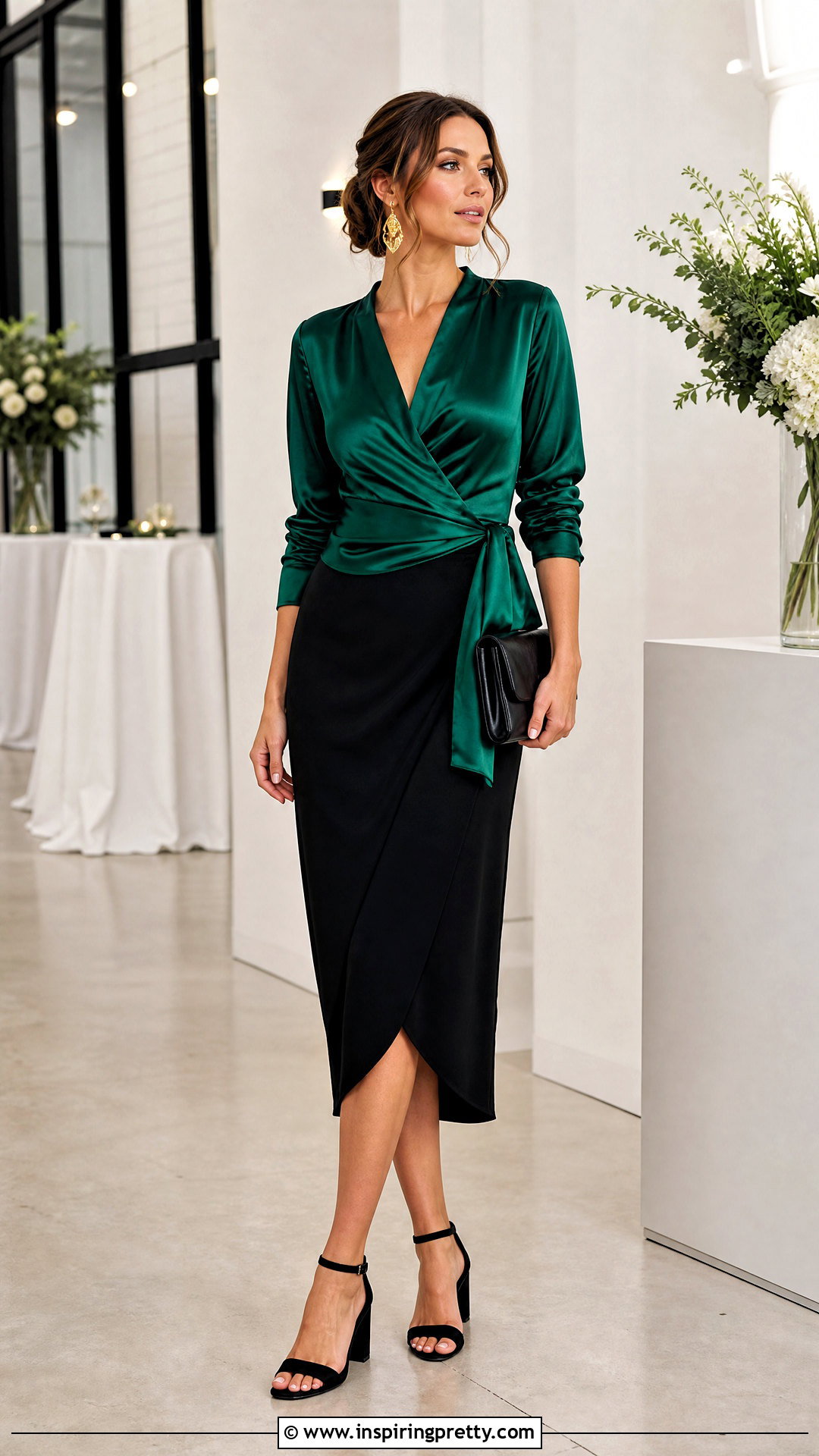 Emerald Satin Wrap Top With Black Skirt - 50 satin tops for women