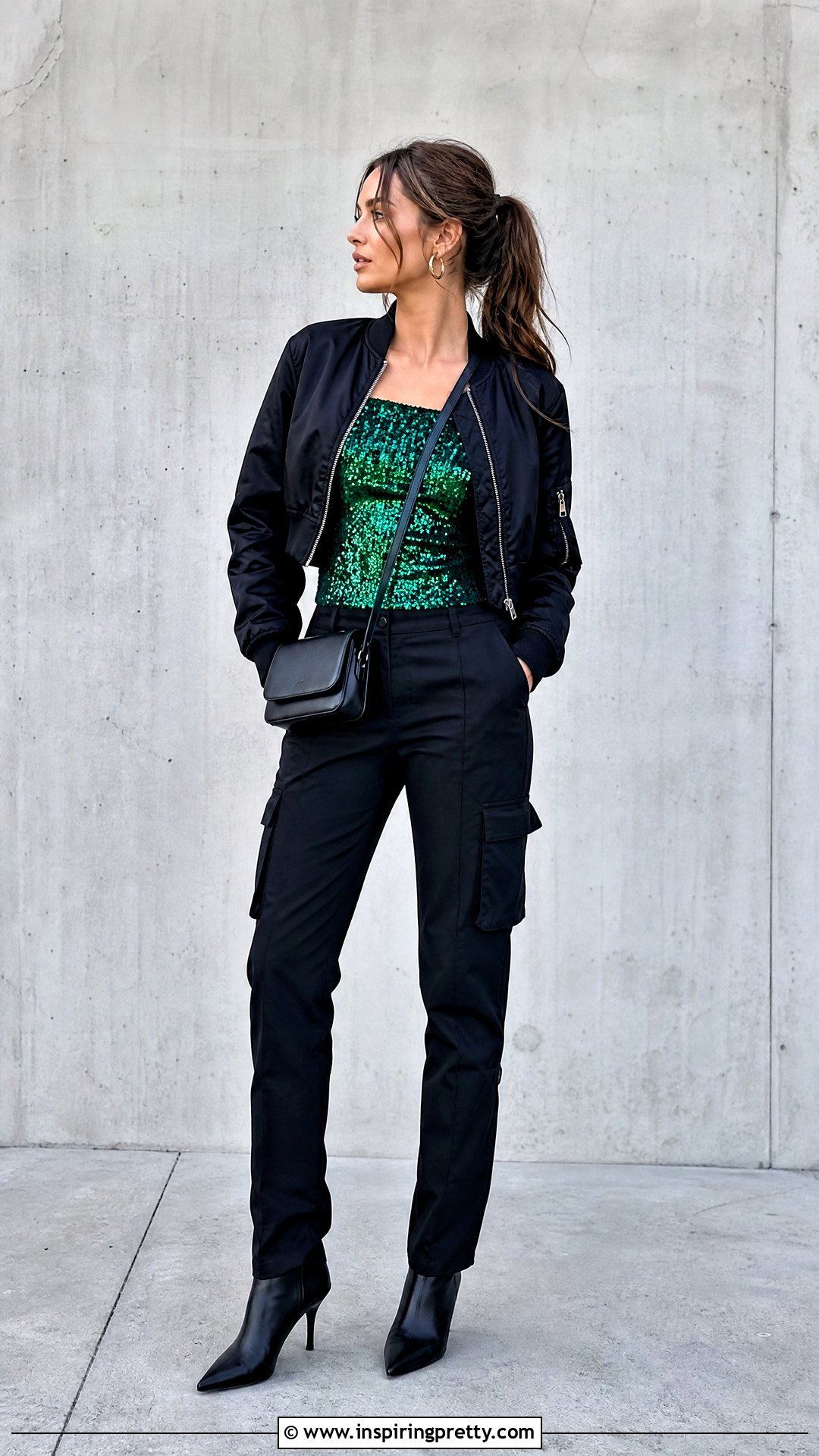 Emerald Sequin Top With Black Cargo Pants - 20 emerald sequin top outfit ideas