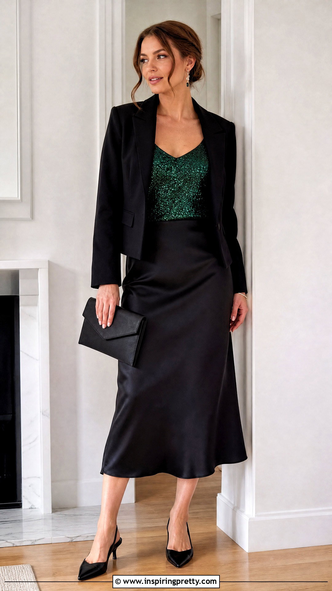 Emerald Sequin Top With Black Slip Skirt - 20 emerald sequin top outfit ideas