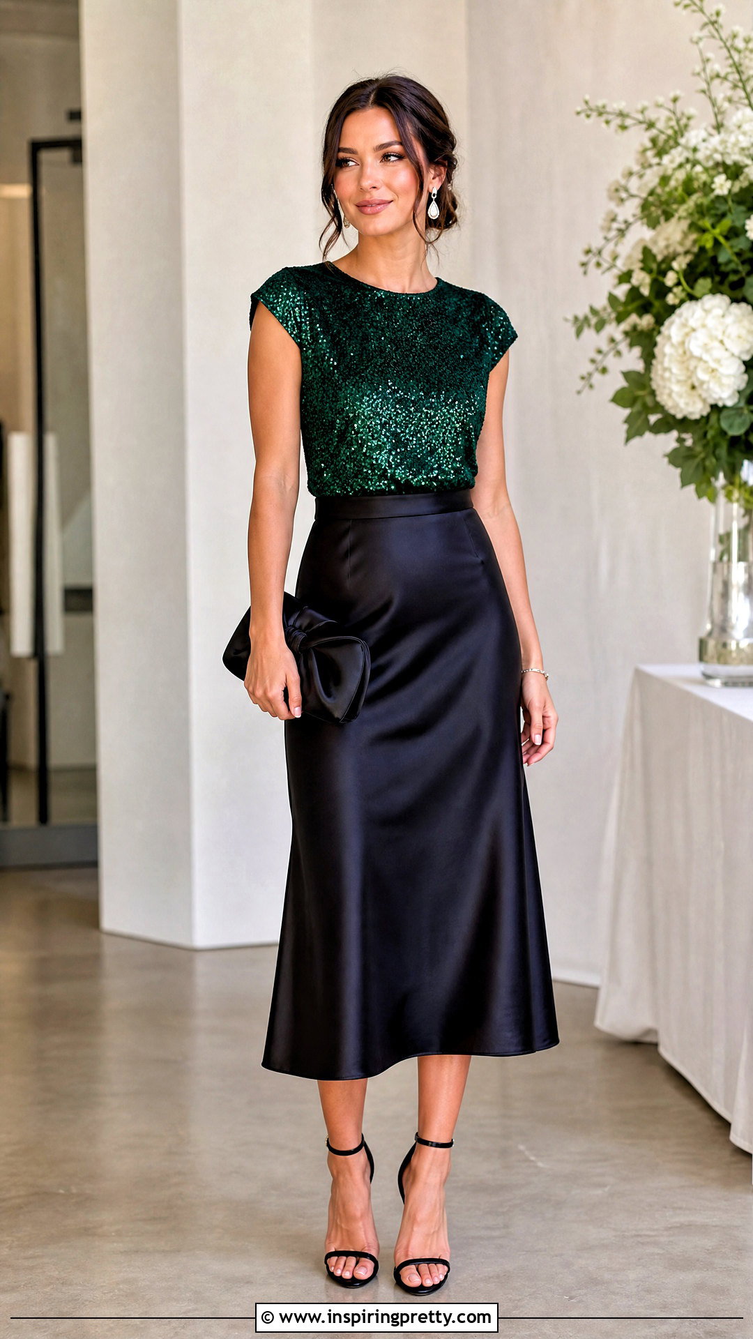 Emerald Sequin Top With Satin Midi Skirt - 20 emerald sequin top outfit ideas