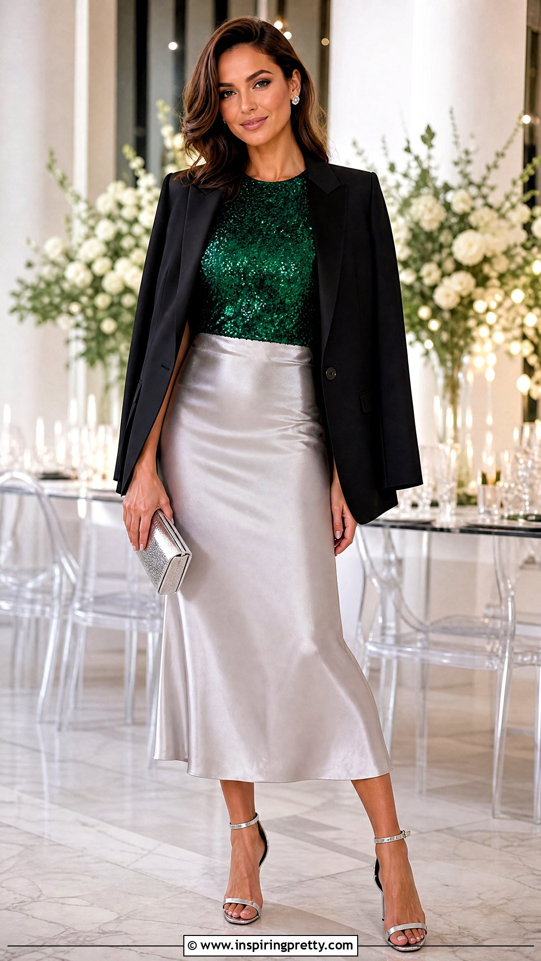Emerald Sequin Top With Silver Midi Skirt - 20 emerald sequin top outfit ideas