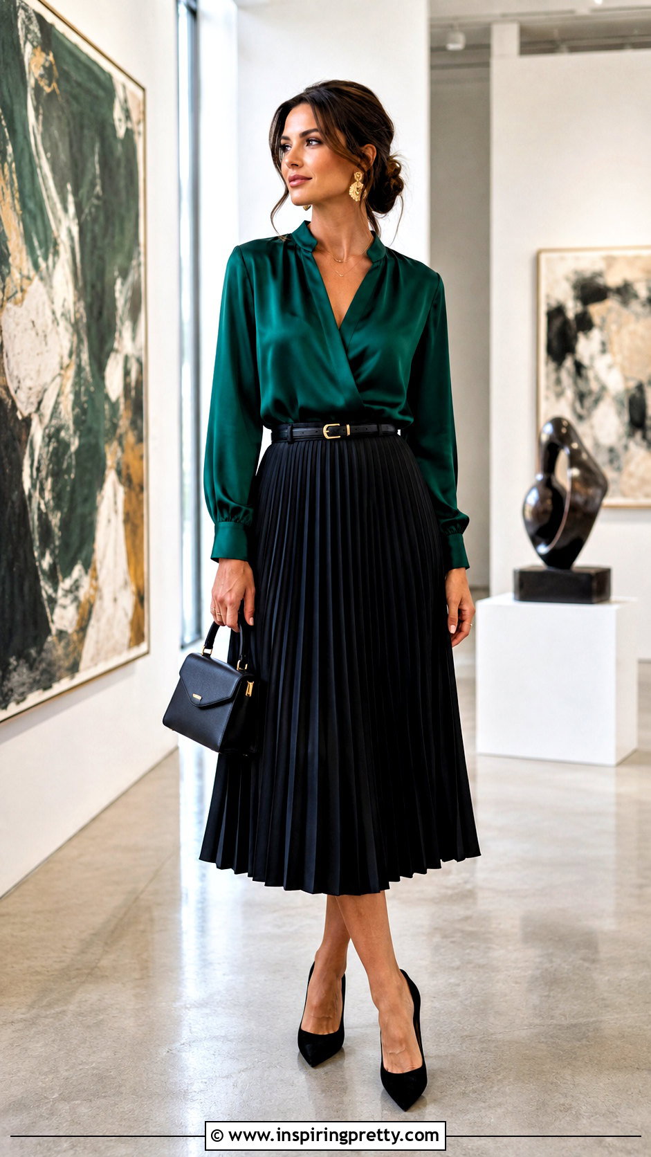 Emerald Silk Top With Black Midi Skirt - 50 silk top outfit classy ideas