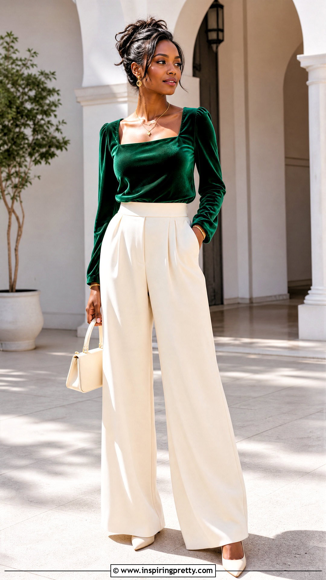 Emerald Silk Velvet Top With Ivory Wide Leg Pants - 25 silk velvet top outfit ideas