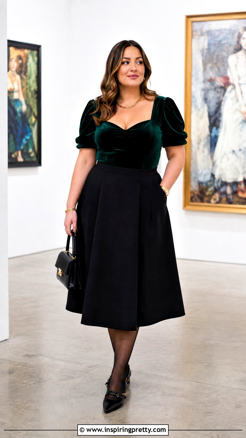 Emerald Velvet Blouse With Black Midi Skirt - 50 velvet tops for women