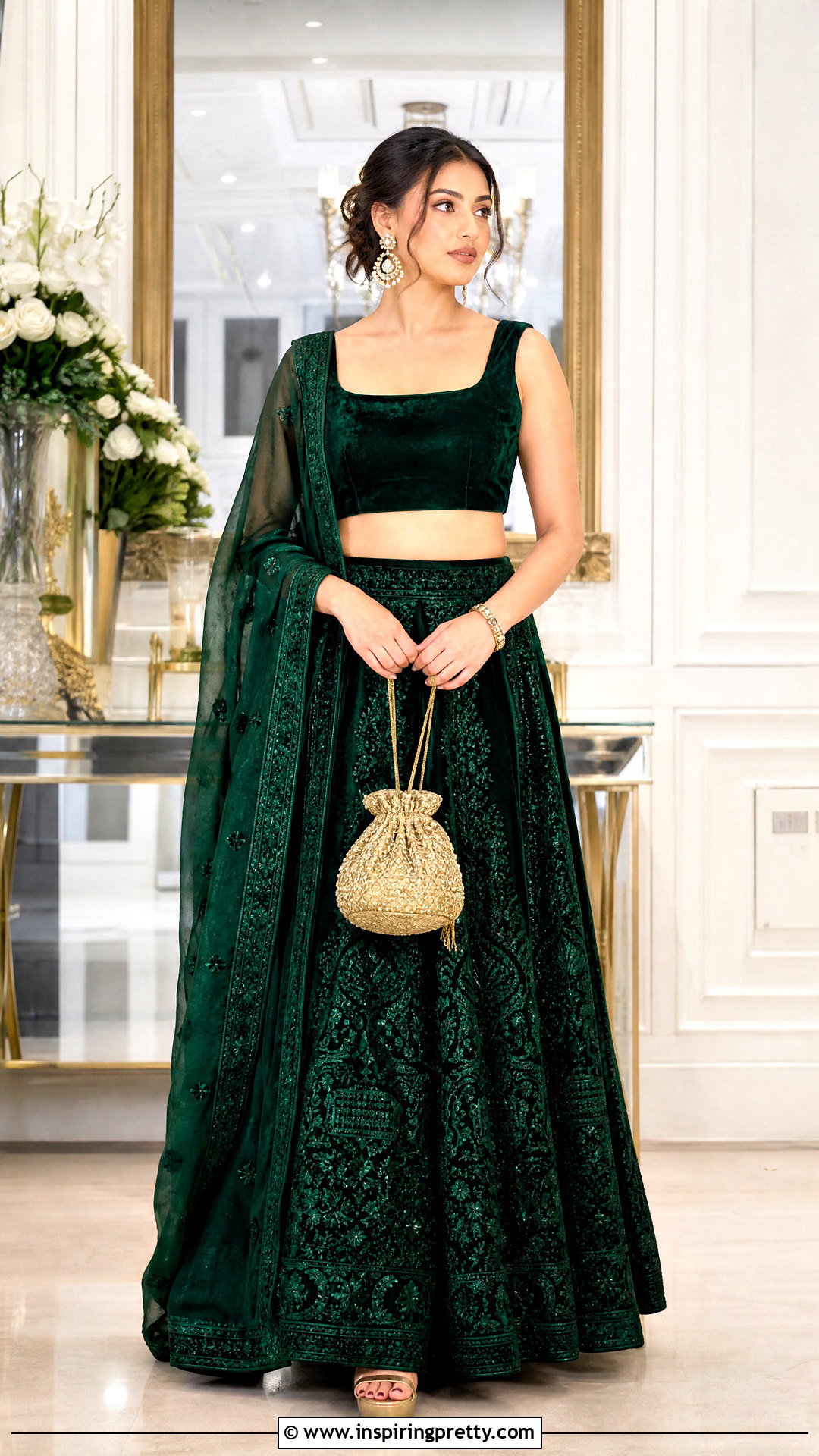 Emerald Velvet Crop Top With Matching Lehenga - 50 velvet crop top designs for lehengas