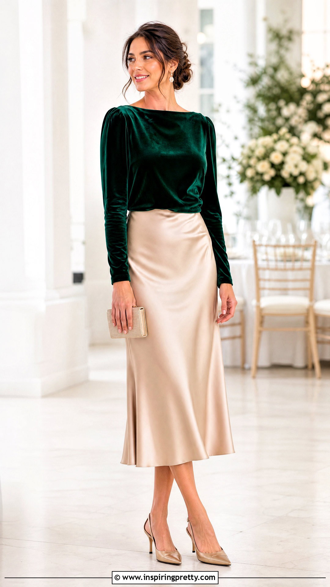 Emerald Velvet Top With Satin Midi Skirt - 20 velvet top fashion ideas