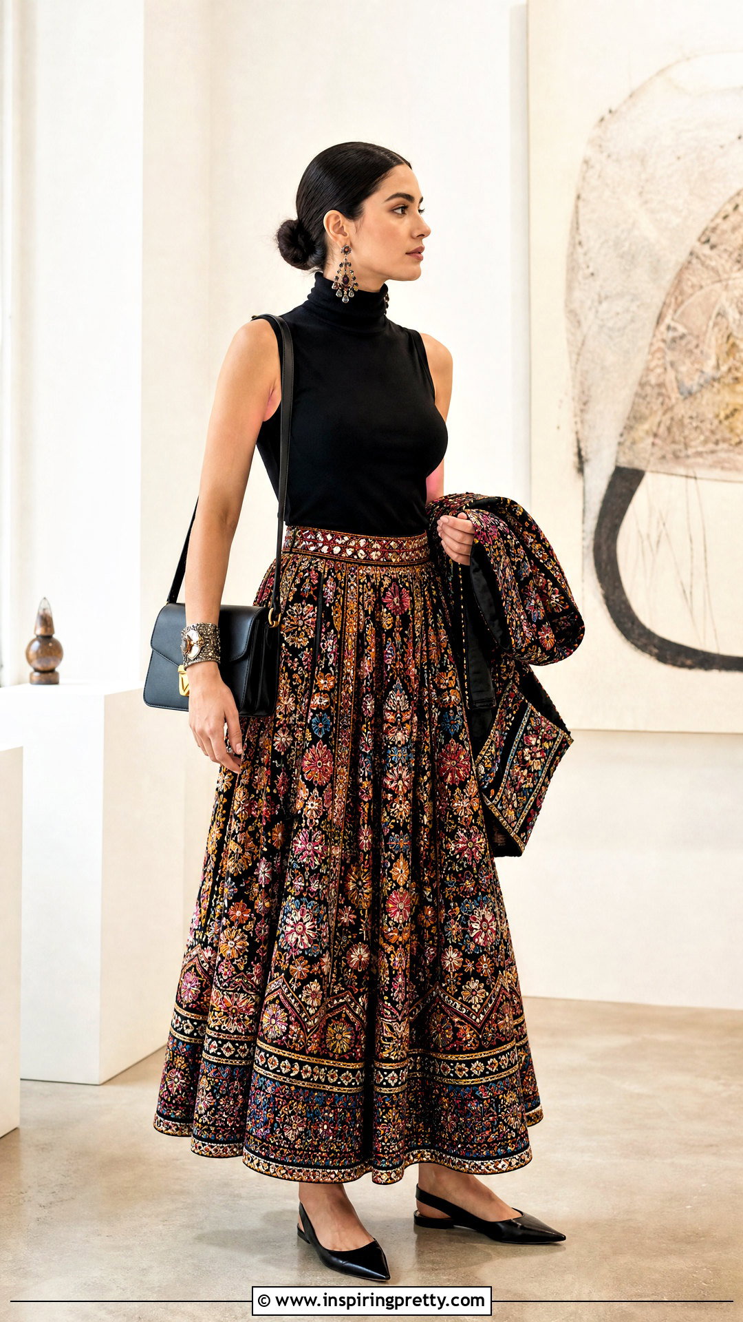 Ethnic Skirt And Sleeveless Turtleneck Top Outfit - 50 traditional skirt and top outfit ideas