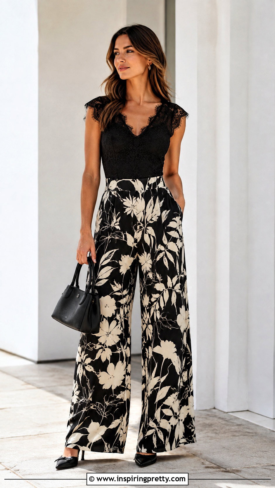 Eyelash Lace Top With Printed Wide Leg Pants - 25 Eyelash Lace Top outfit ideas