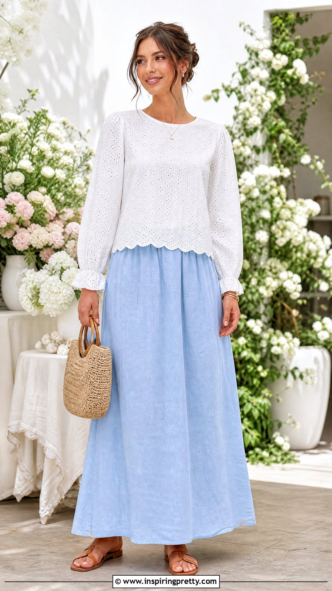 Eyelet Modest Top With Linen Maxi Skirt - 50 modest tops for women