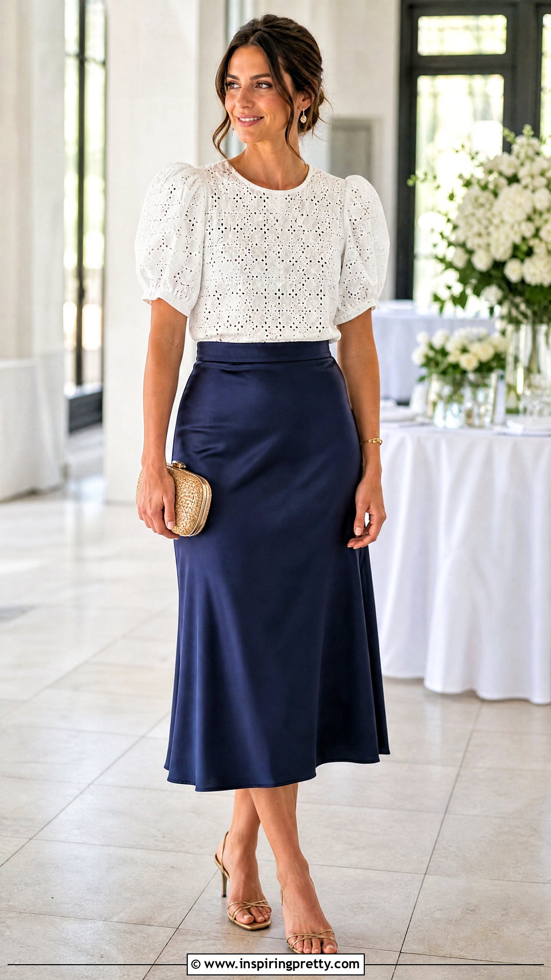 Eyelet Puff Sleeve Top With A Satin Midi Skirt - How To Style Eyelet Tops (20 Ways)
