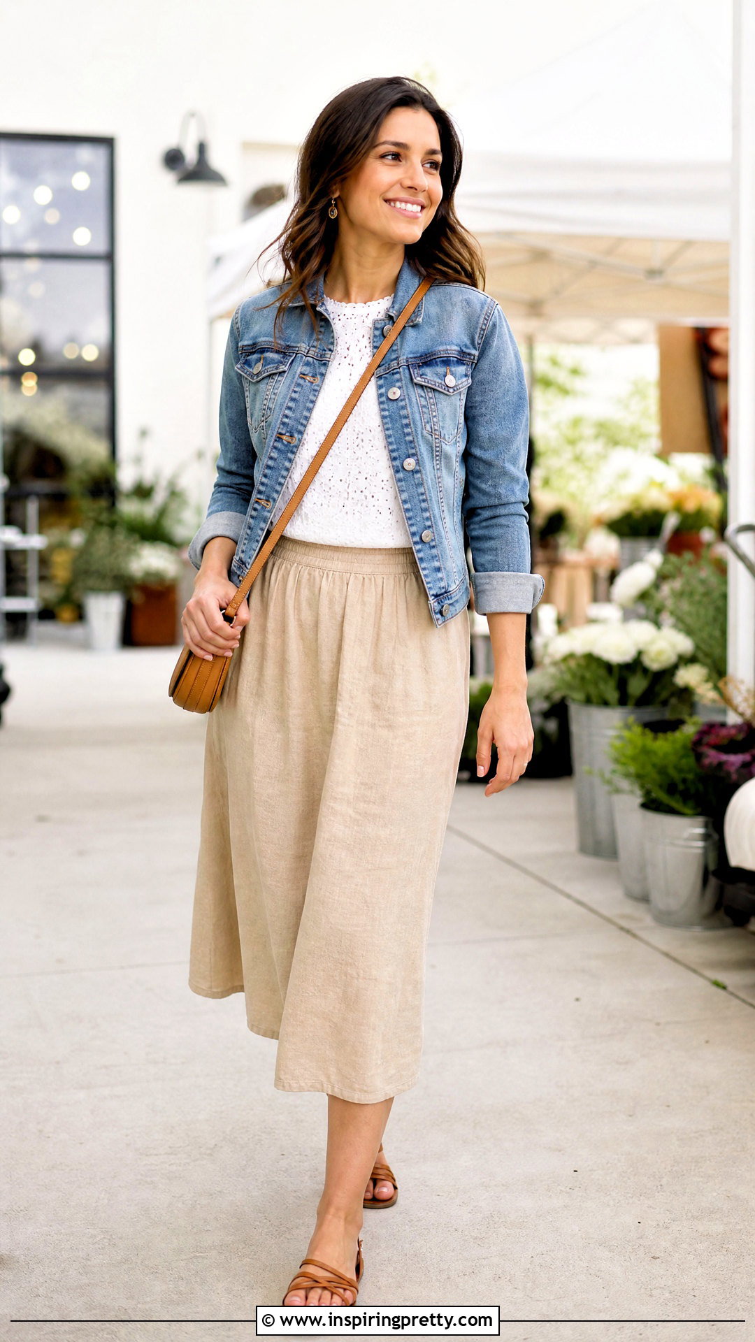 Eyelet Top With A Denim Jacket And Linen Skirt - How To Style Eyelet Tops (20 Ways)