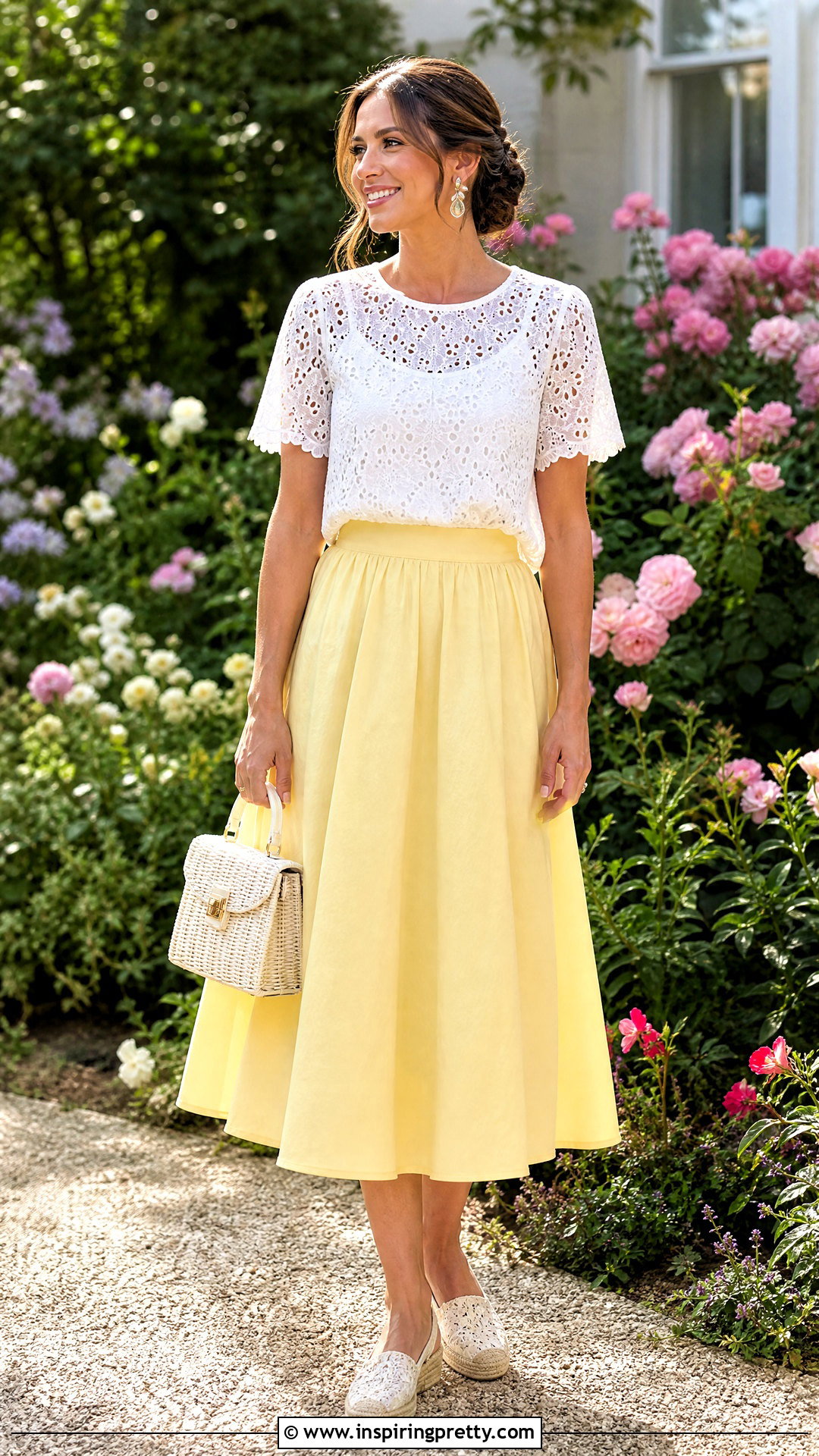 Eyelet Top With A Line Midi Skirt - 50 cute top outfit ideas