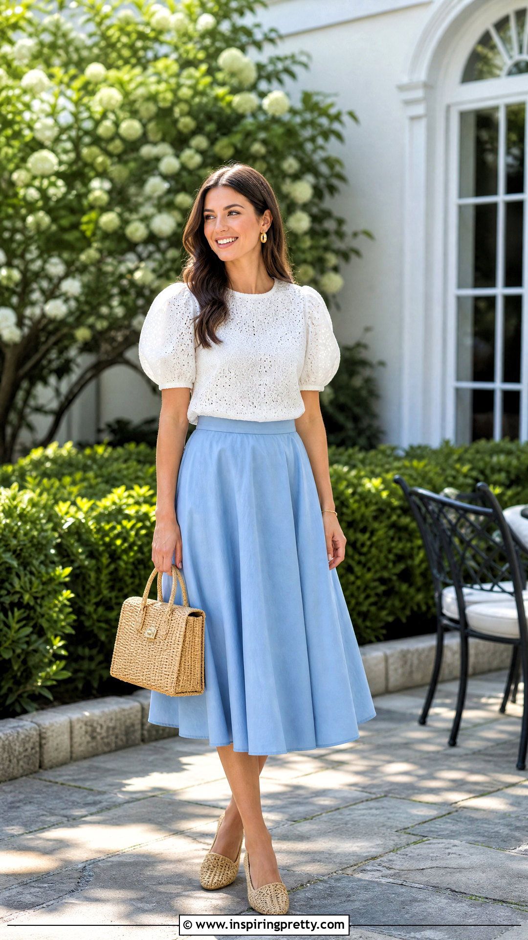 Eyelet Top With A Midi Skirt - 50 cute aesthetic tops outfit ideas