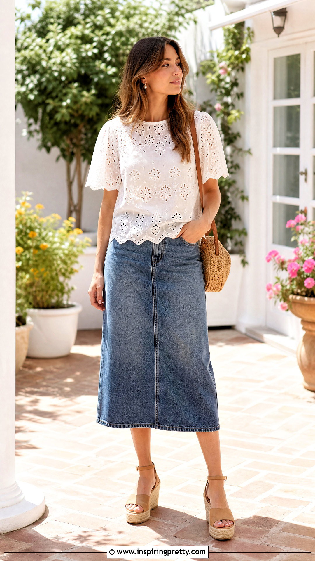 Eyelet Top With Denim Midi Skirt - 50 top designs for women