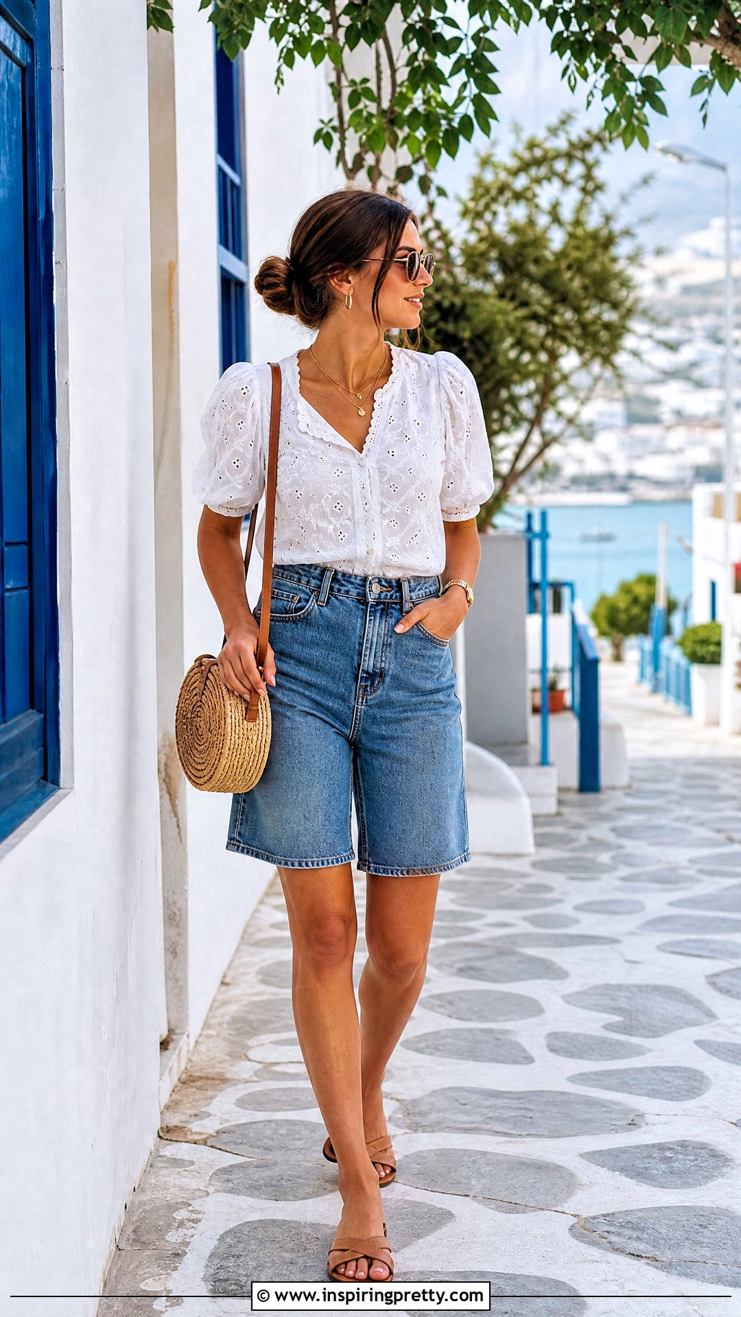 Eyelet Top With High Waisted Denim Shorts - 25 perky top outfit ideas