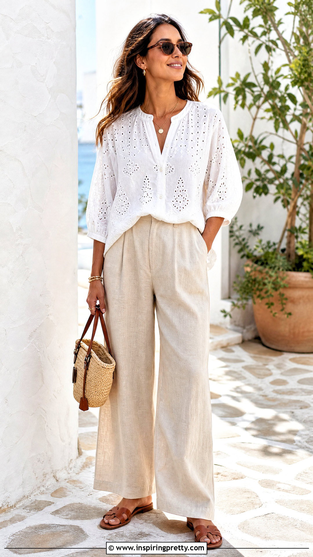 Eyelet Top With Linen Trousers - 50 dress tops outfit ideas