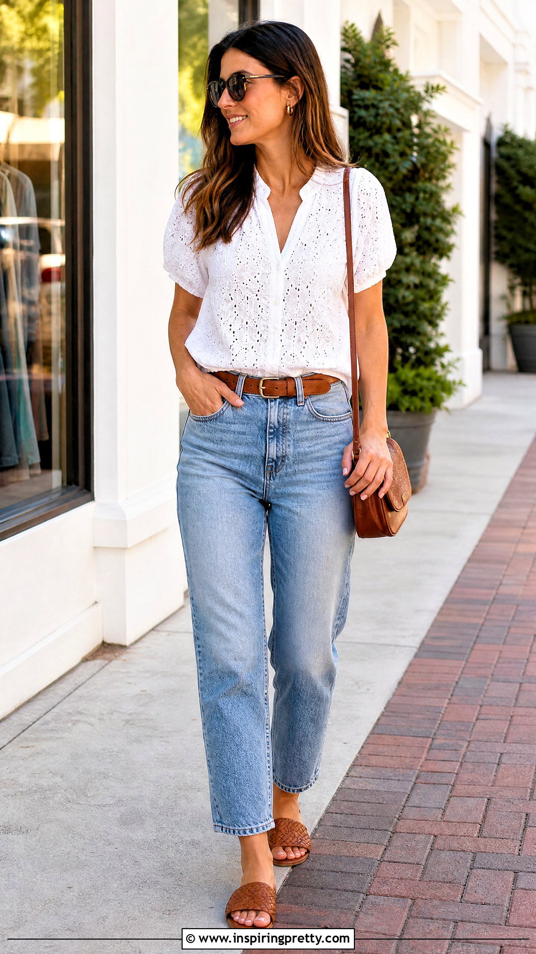 Eyelet Top With Mom Jeans - 50 eyelet top outfit ideas