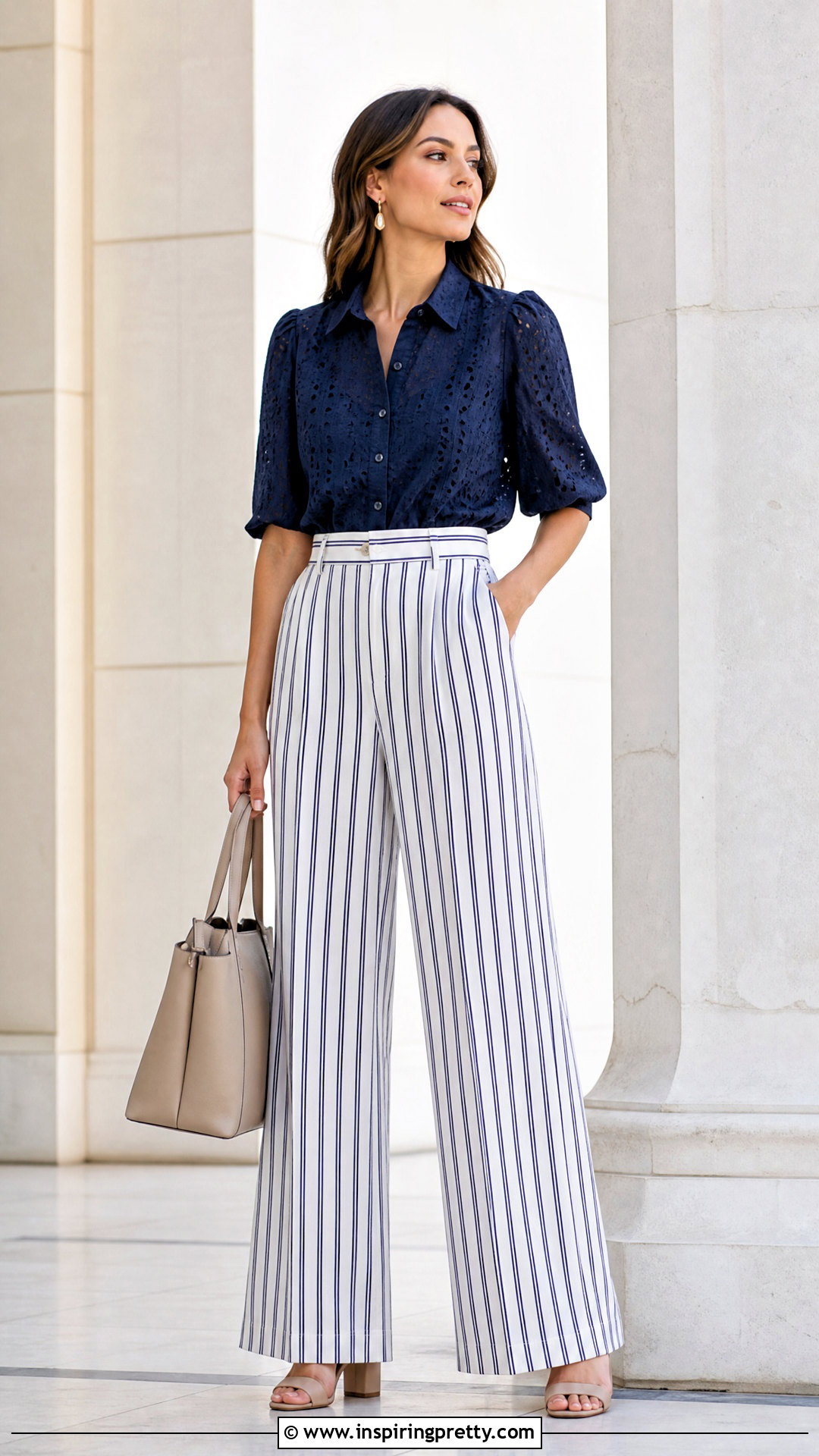 Eyelet Top With Striped Trousers - 50 eyelet top outfit ideas